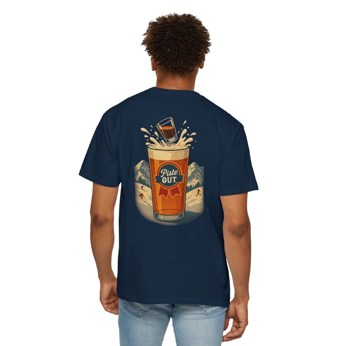 Model wearing true Alta Bomb après ski shirt, back design.