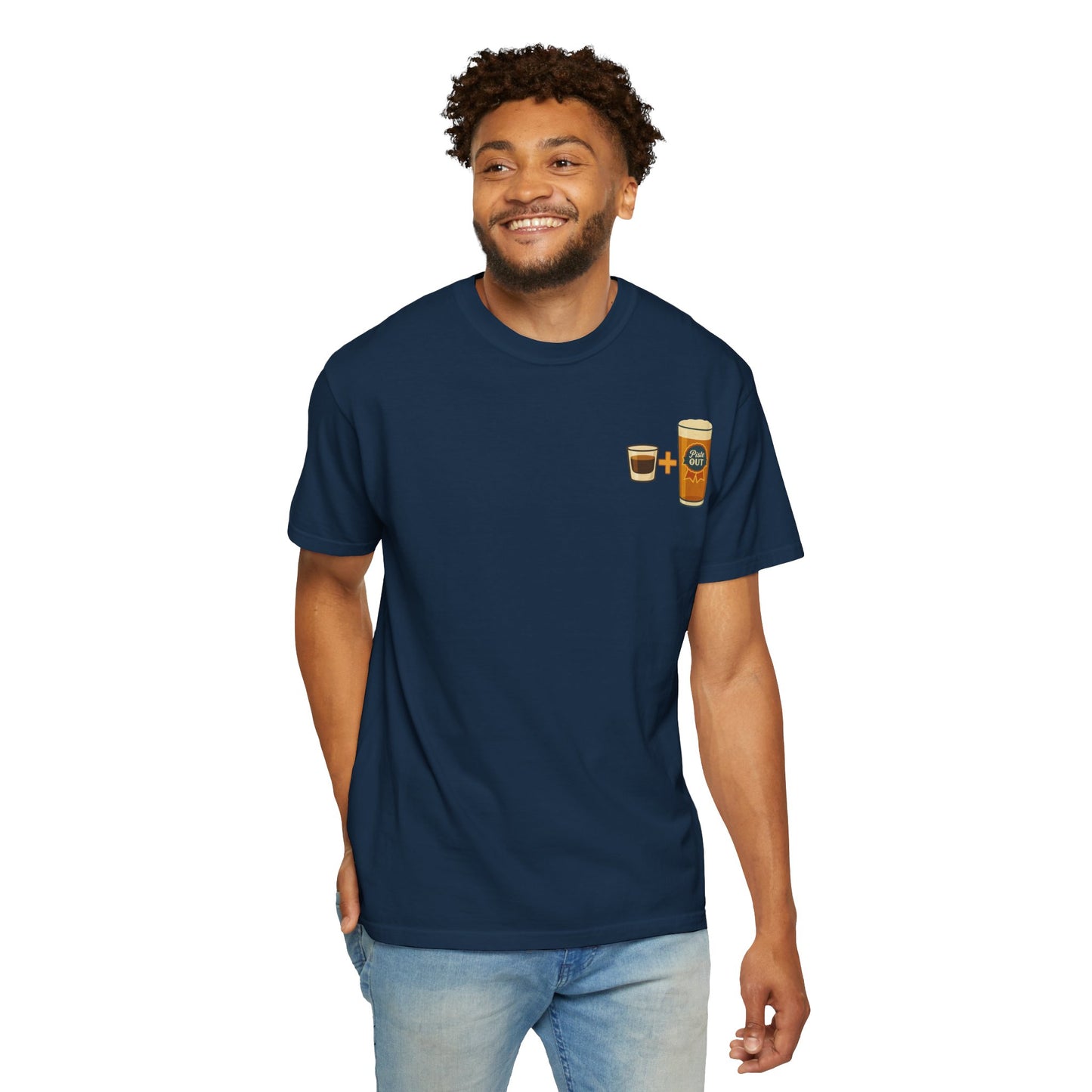 Model wearing navy Alta Bomb après ski shirt, front chest design.