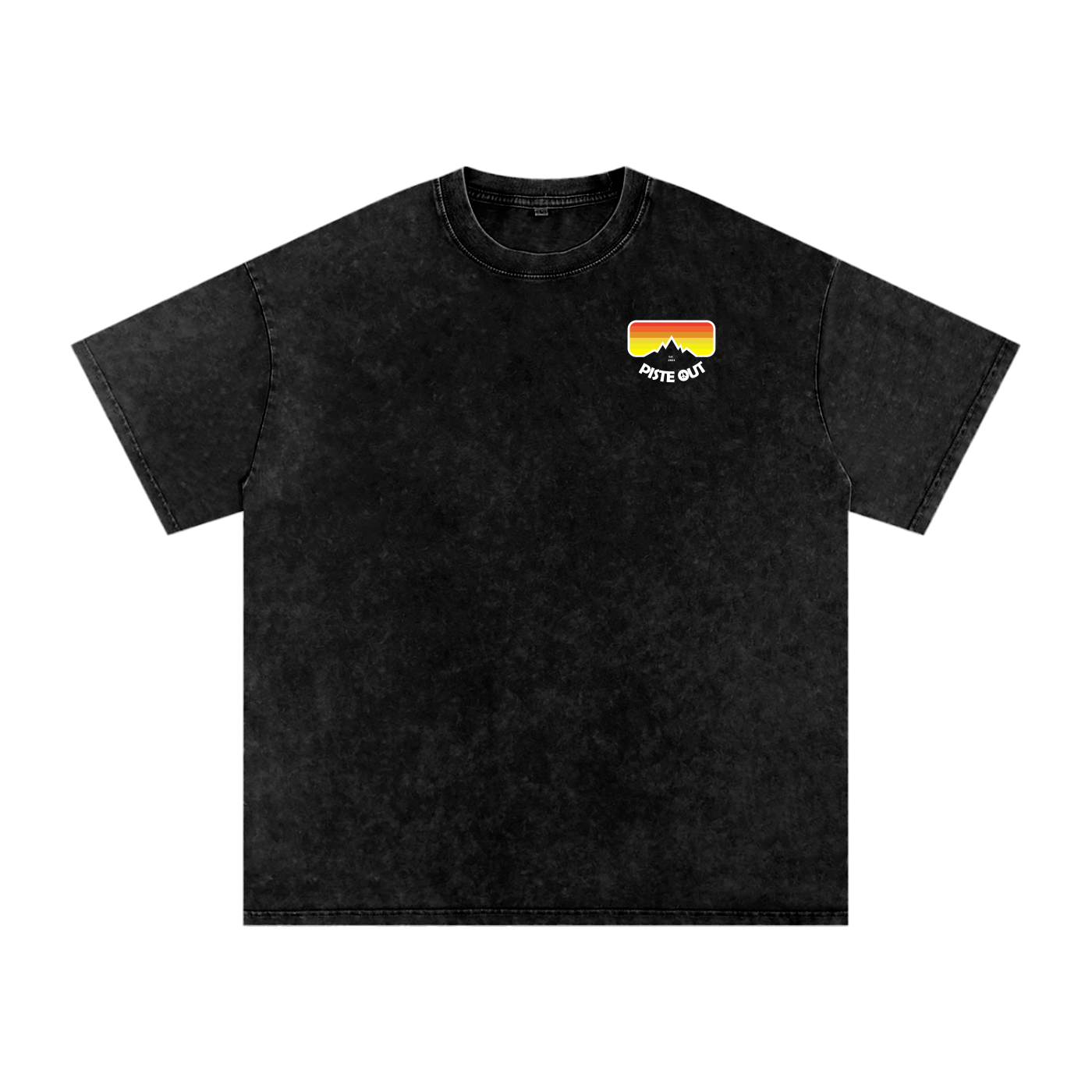Front view of black diamond acid-wash American Gaper tee with small Piste Out goggle logo on the left chest.