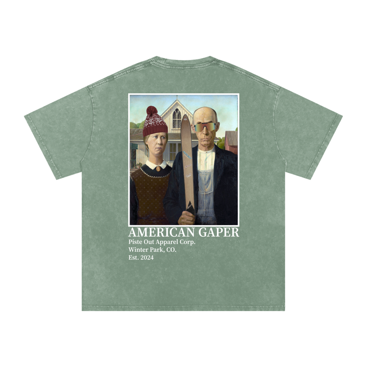 Back view of green circle American Gaper tee featuring the American Gothic ski parody artwork.