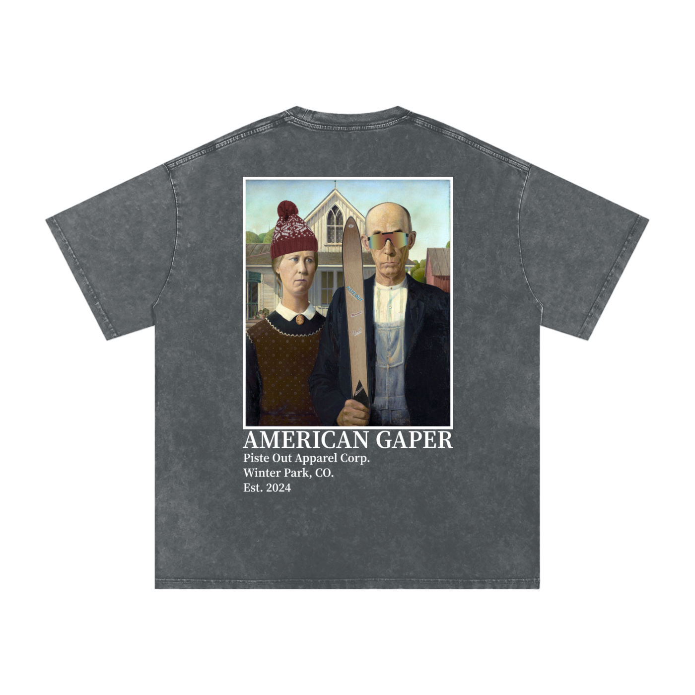 Back view of pirate gray American Gaper tee with ski-themed American Gothic parody artwork.