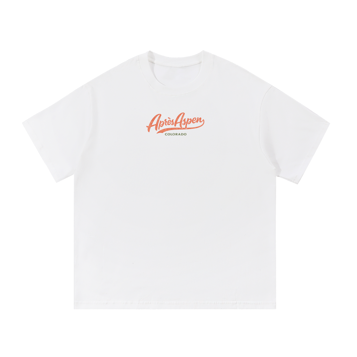 Snow white Après Aspen ski tee front view with coral Après Aspen logo and green Colorado text.