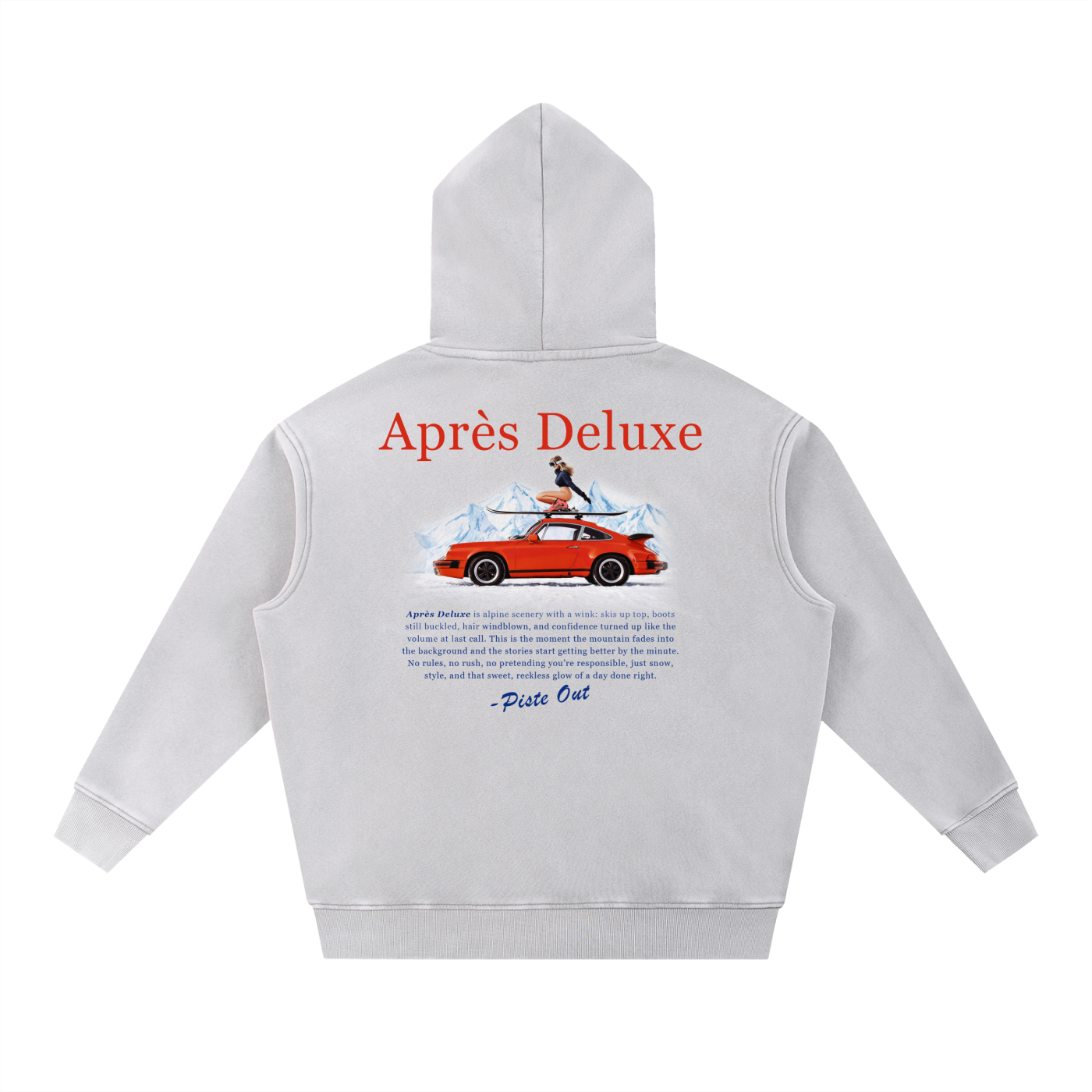 Après Deluxe Hoodie in Dirty Snow with vintage Porsche ski graphic and Après Deluxe text on back
