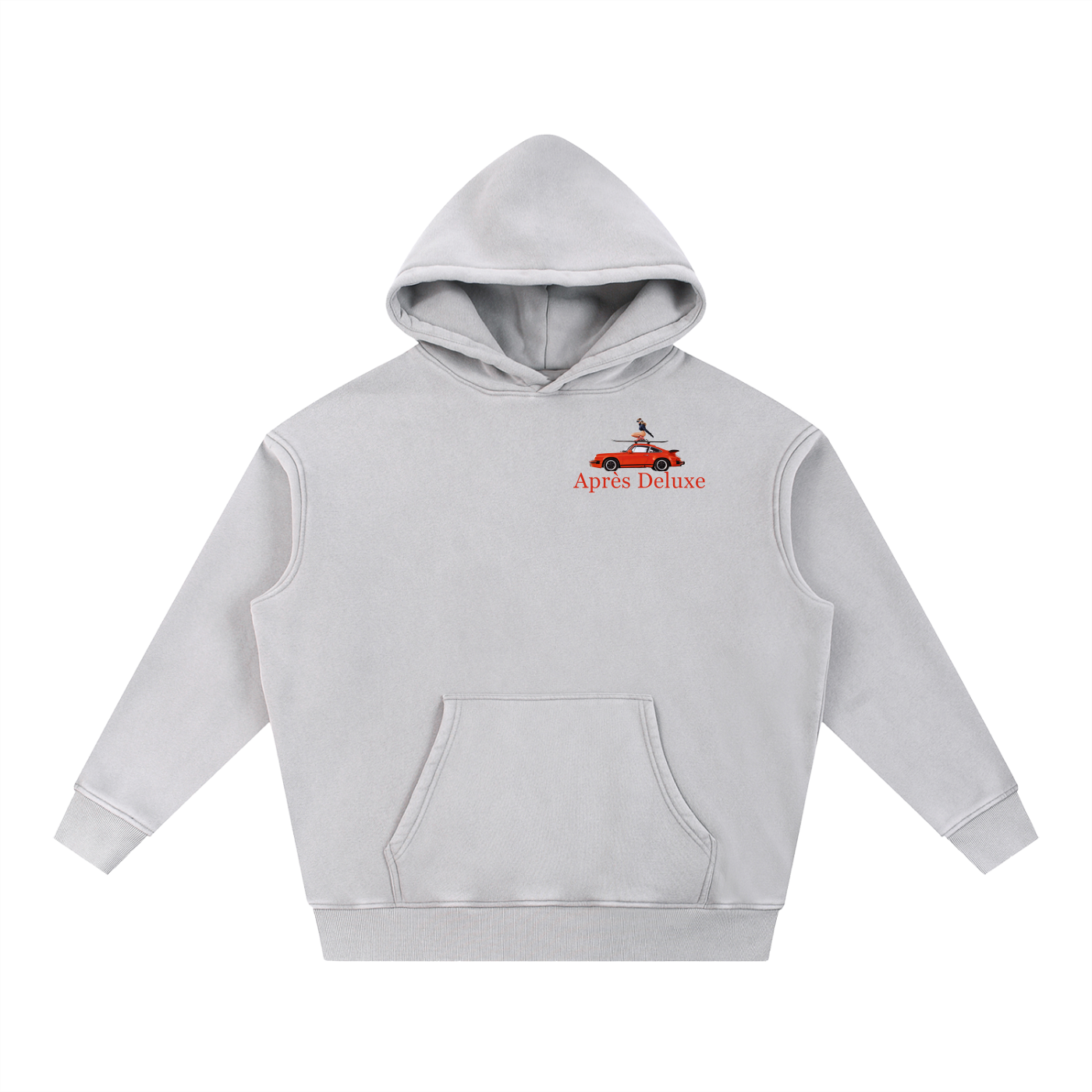Après Deluxe Hoodie in Dirty Snow with small Après Deluxe chest graphic, angled front view