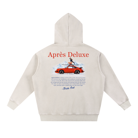 Après Deluxe Hoodie in Powder with vintage Porsche ski graphic and Après Deluxe text on back