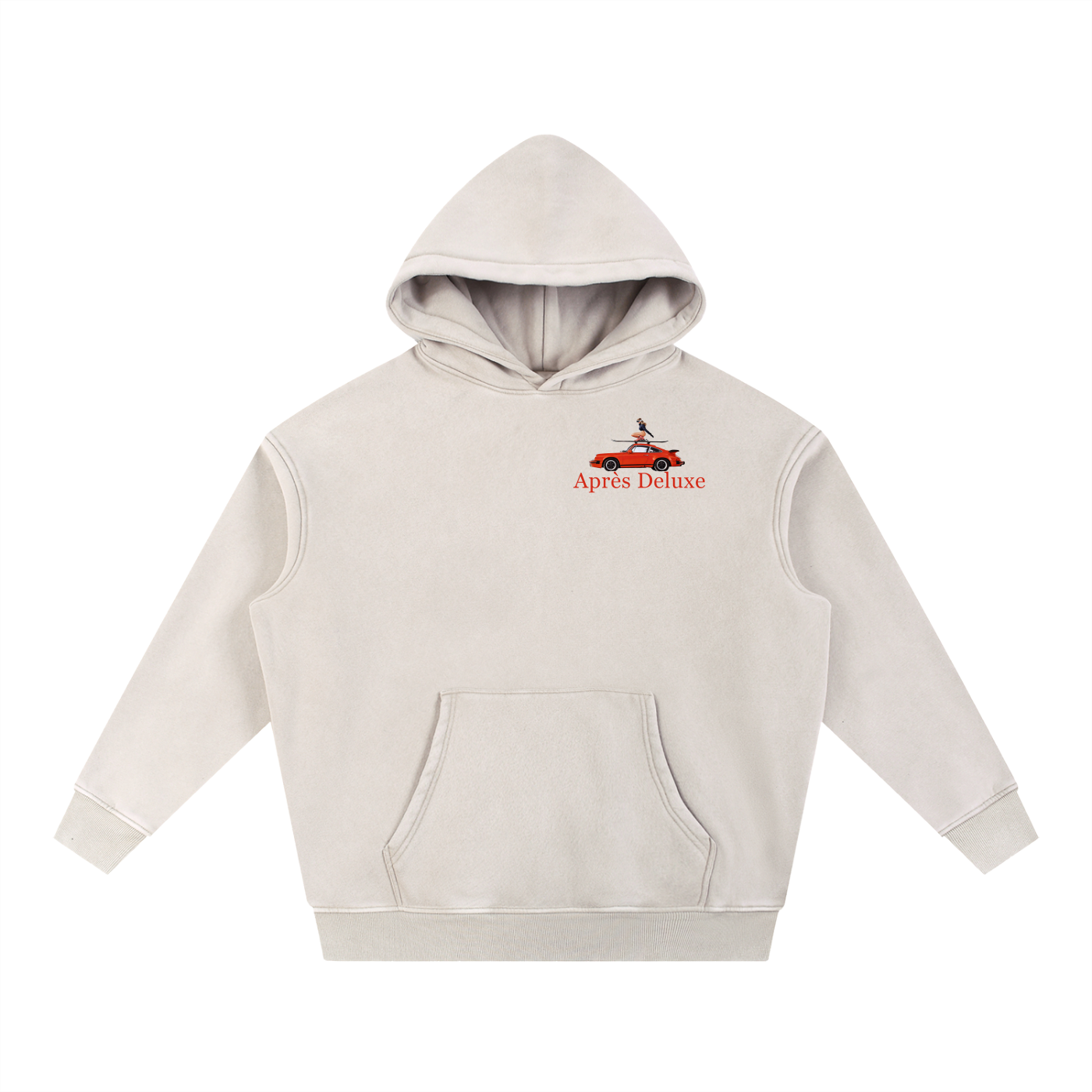 Après Deluxe Hoodie in powder with small Après Deluxe chest graphic, front view