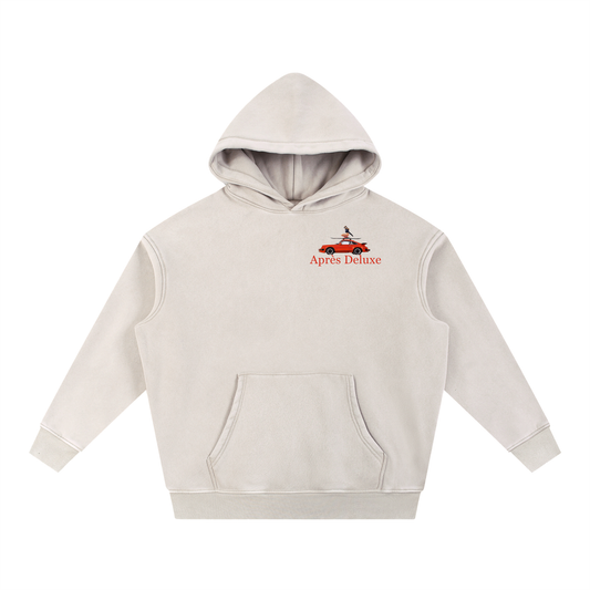 Après Deluxe Hoodie in powder with small Après Deluxe chest graphic, front view