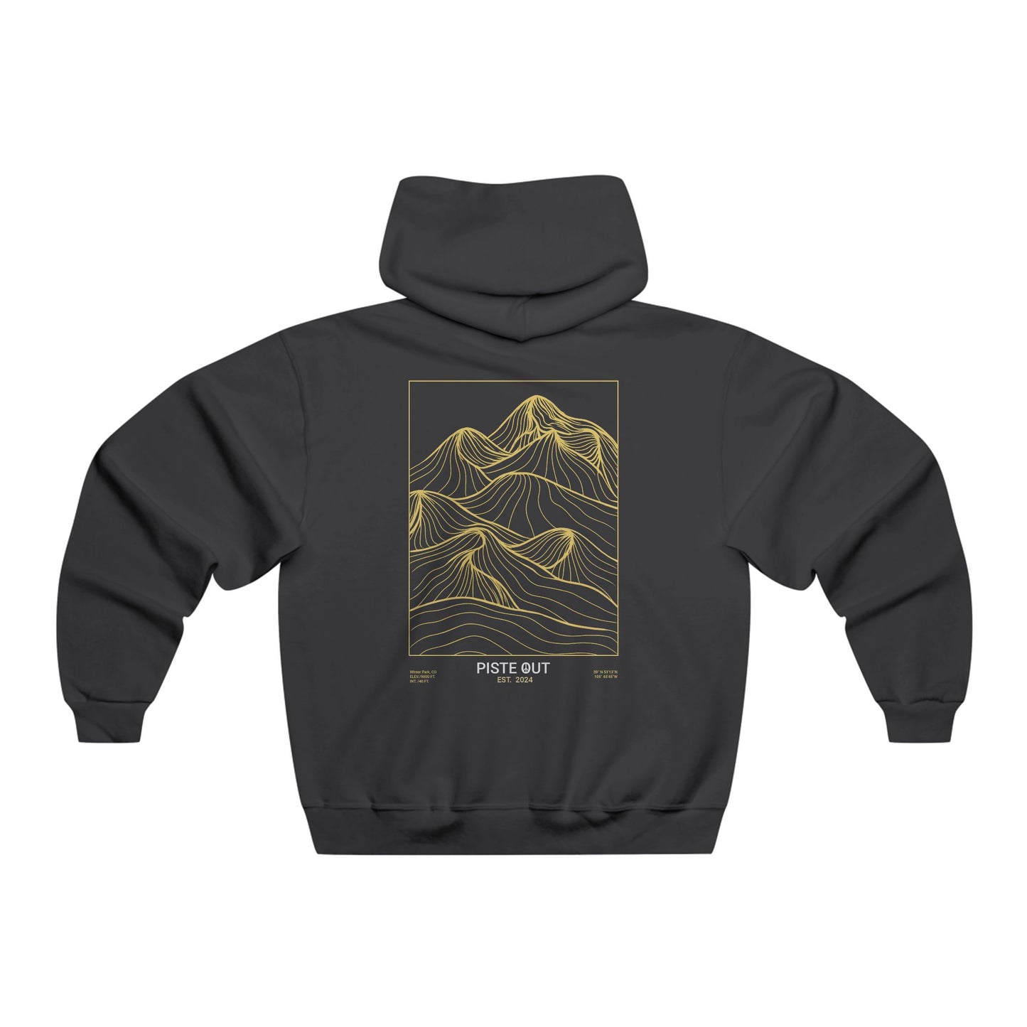 Back view of black hoodie featuring large gold topographic mountain artwork