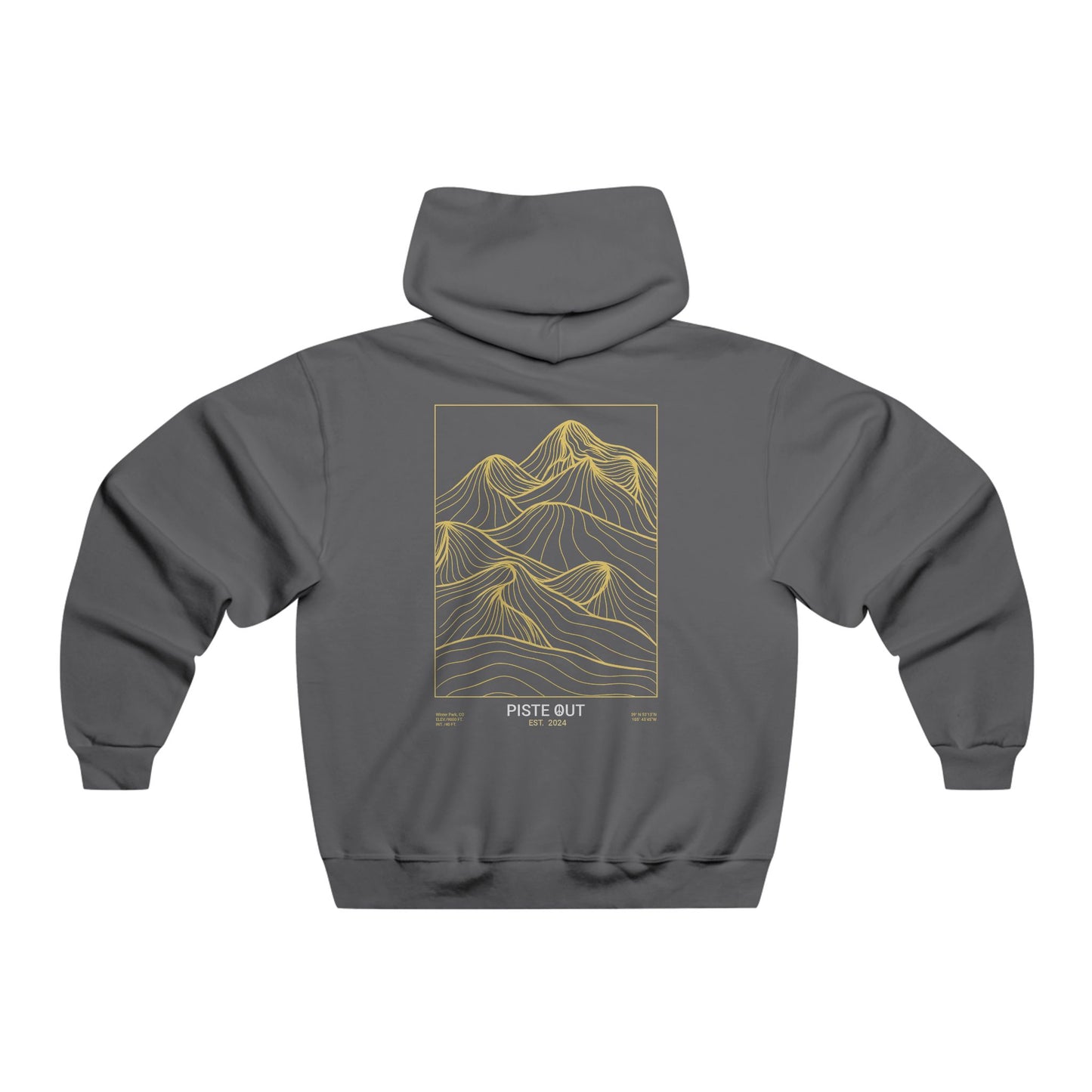 Back view of charcoal hoodie with large gold topographic mountain linework design