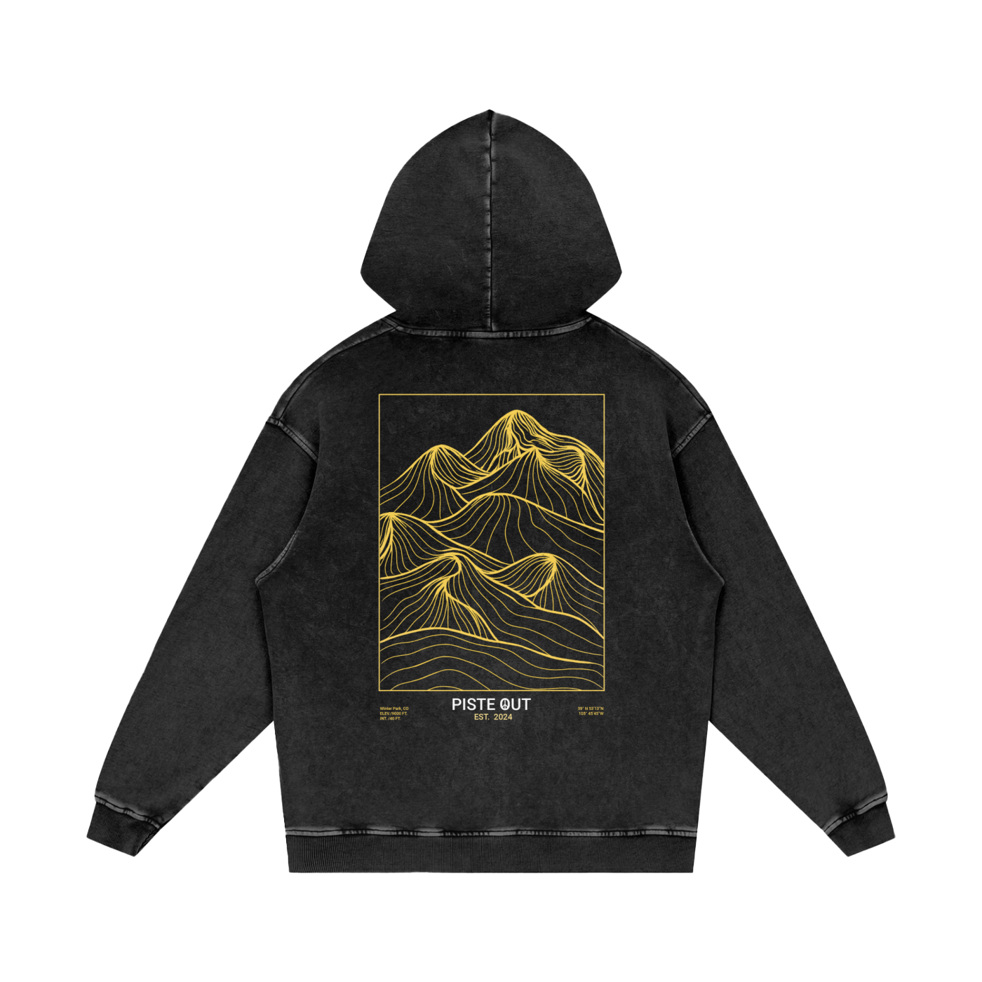 Back view of black diamond Backcountry Veins hoodie with gold topographic mountain line print and “Piste Out Est. 2024” detail.