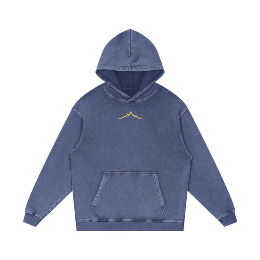 Front view of Blue Square Backcountry Veins hoodie with small gold mountain line logo on chest.