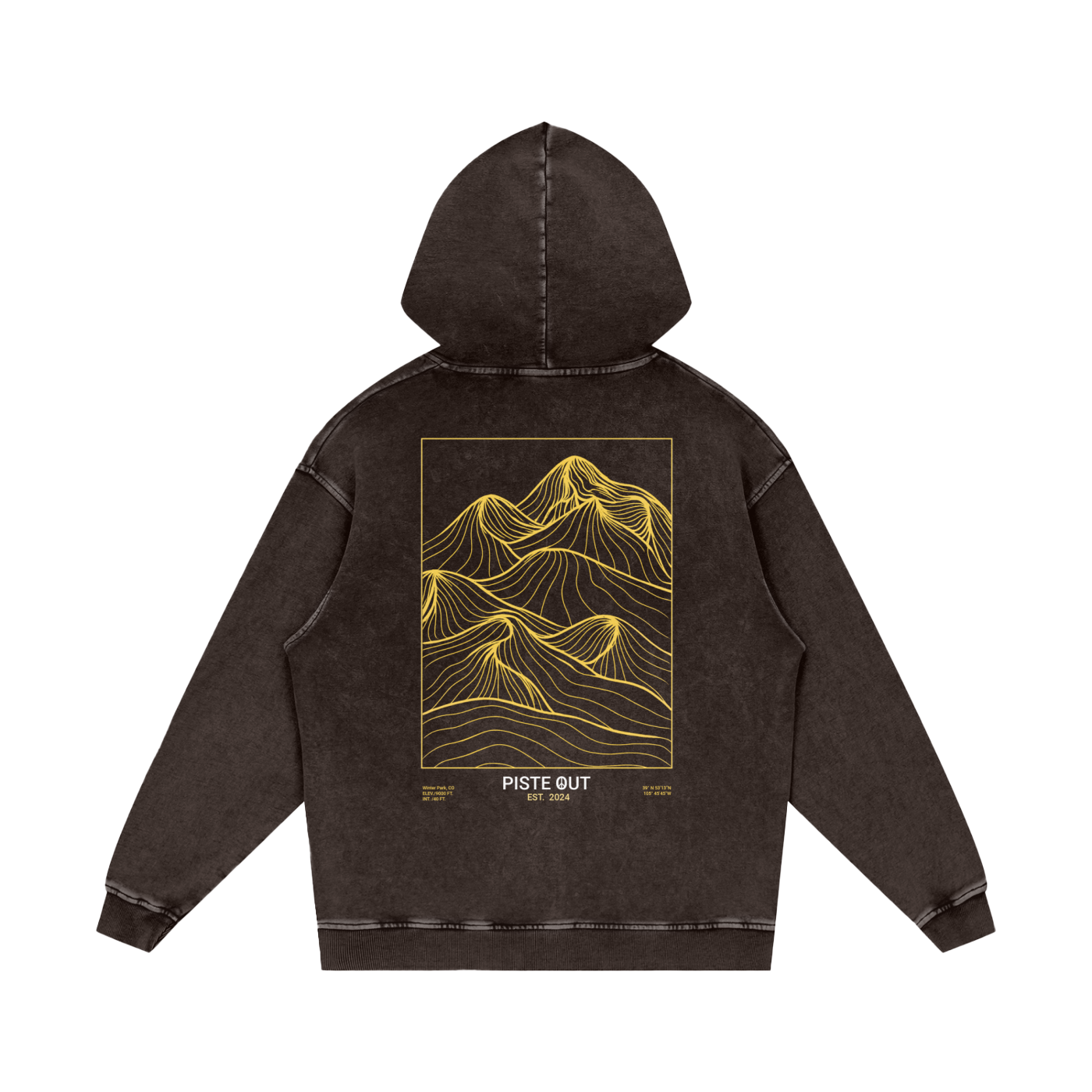 Back view of espresso Backcountry Veins hoodie with gold topographic mountain line print and “Piste Out Est. 2024” detail.