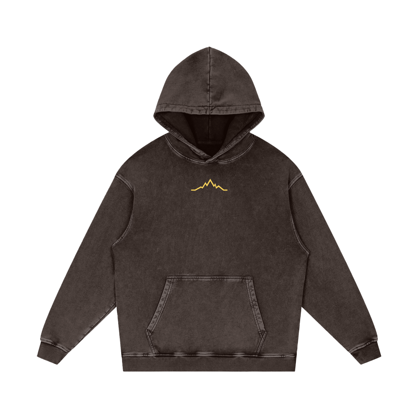 Front view of Dark Gray Backcountry Veins hoodie with gold embroidered mountain line on chest.