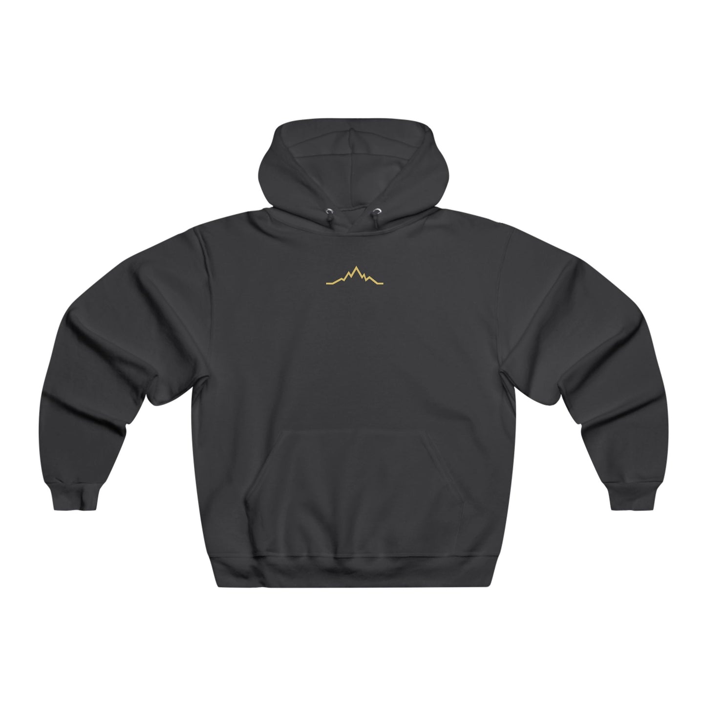 Front view of black hoodie with minimalist gold mountain lines logo centered under the neckline