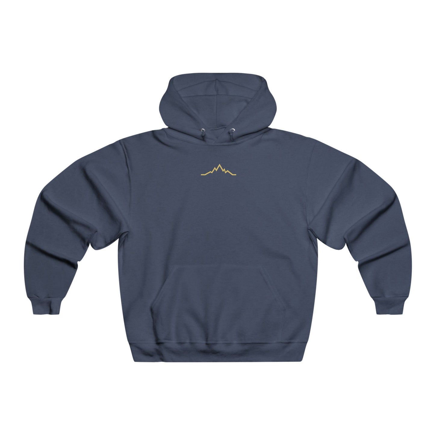 Front view of navy blue hoodie with minimalist gold mountain lines logo centered under neckline hood