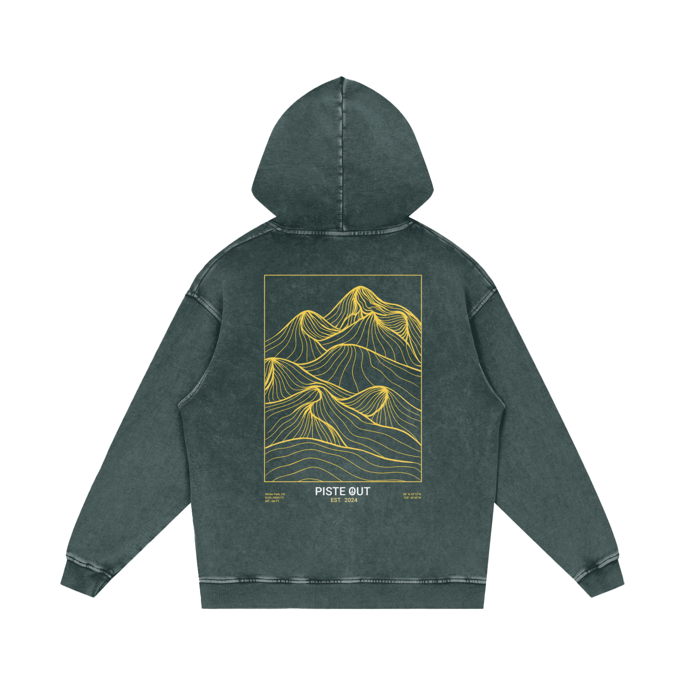 Back view of Green Circle Backcountry Veins hoodie showing gold topographic mountain line artwork and “Piste Out Est. 2024” text.