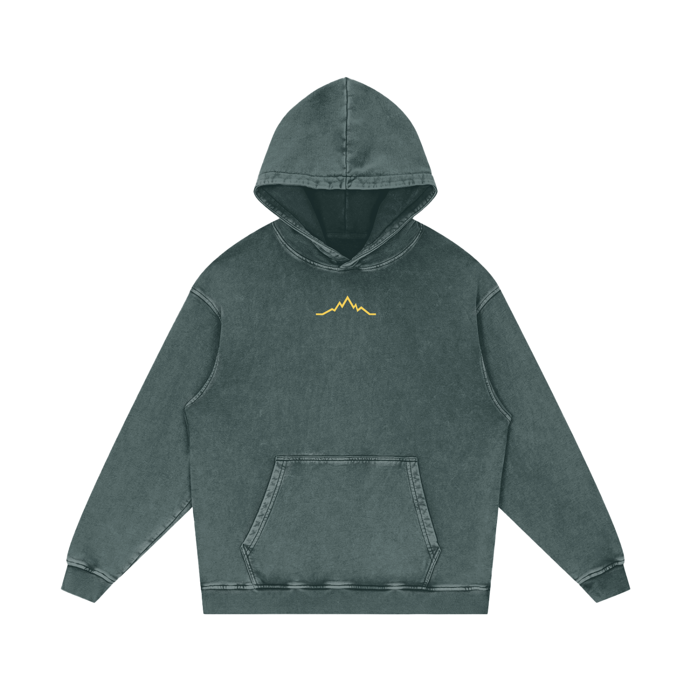 Front view of Green Circle Backcountry Veins hoodie with subtle gold mountain line logo on chest.