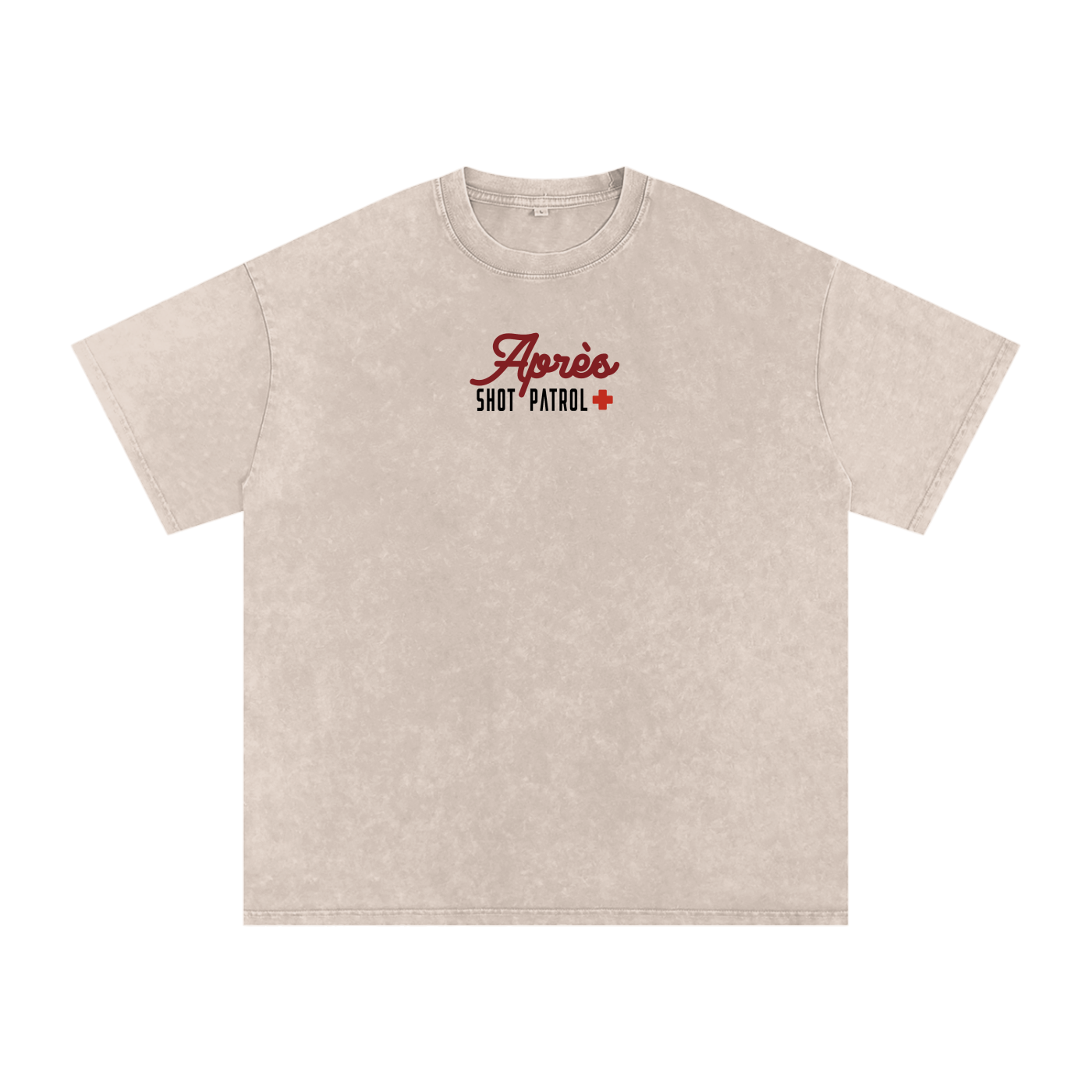 Front view of the Certified Après Professional tee in Apricot featuring a small Après Shot Patrol graphic on the chest.