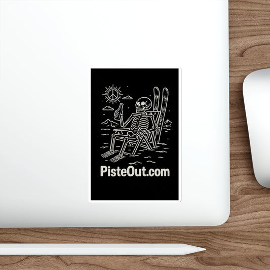 Chill to the Bone sticker on white laptop next to a stylus and mouse on wooden desk