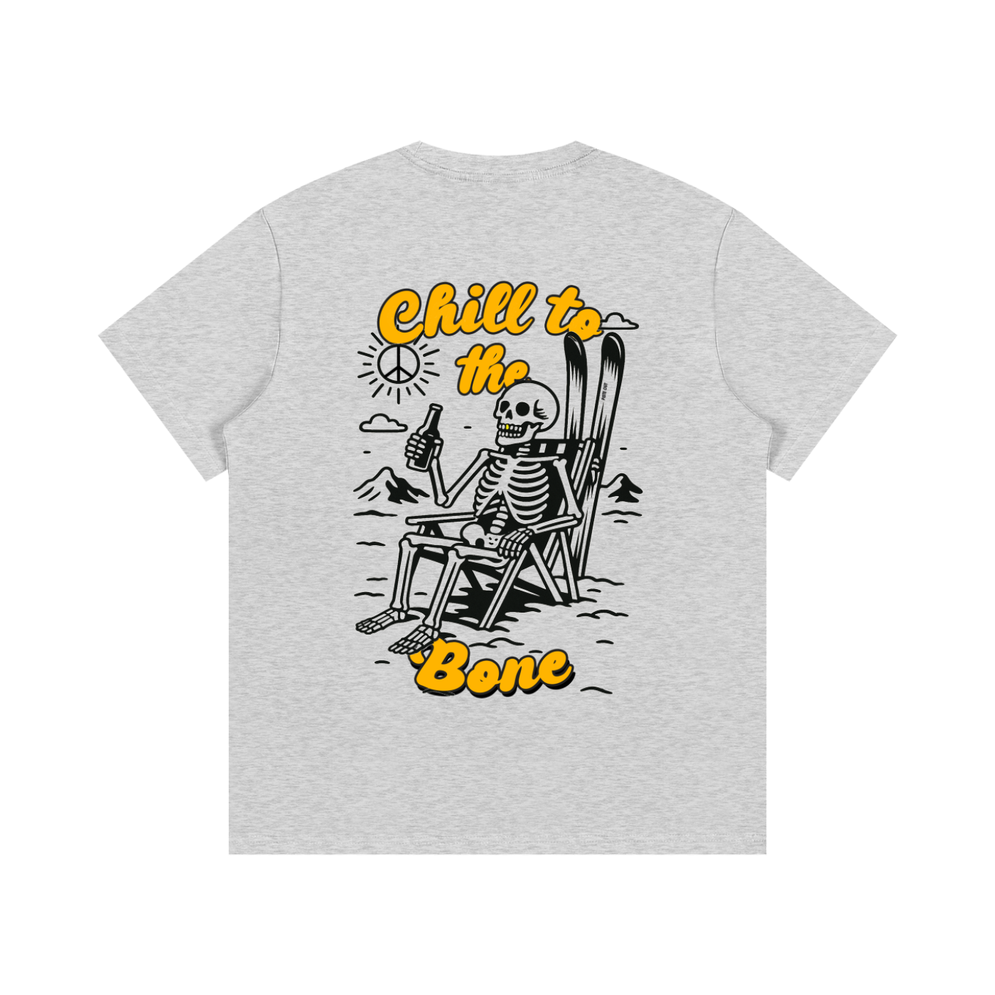 Back view of Heather gray Chill to the Bone tee showing skeleton skier graphic with orange Chill to the Bone lettering.