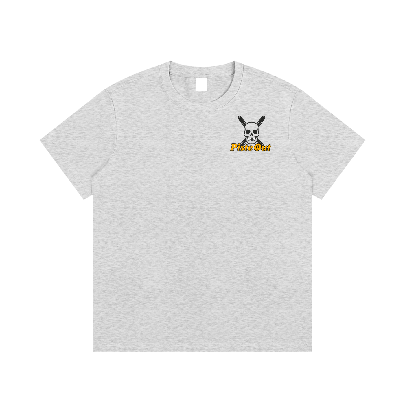 Front view of Heather gray Chill to the Bone après ski tee with black and orange Piste Out skull emblem.