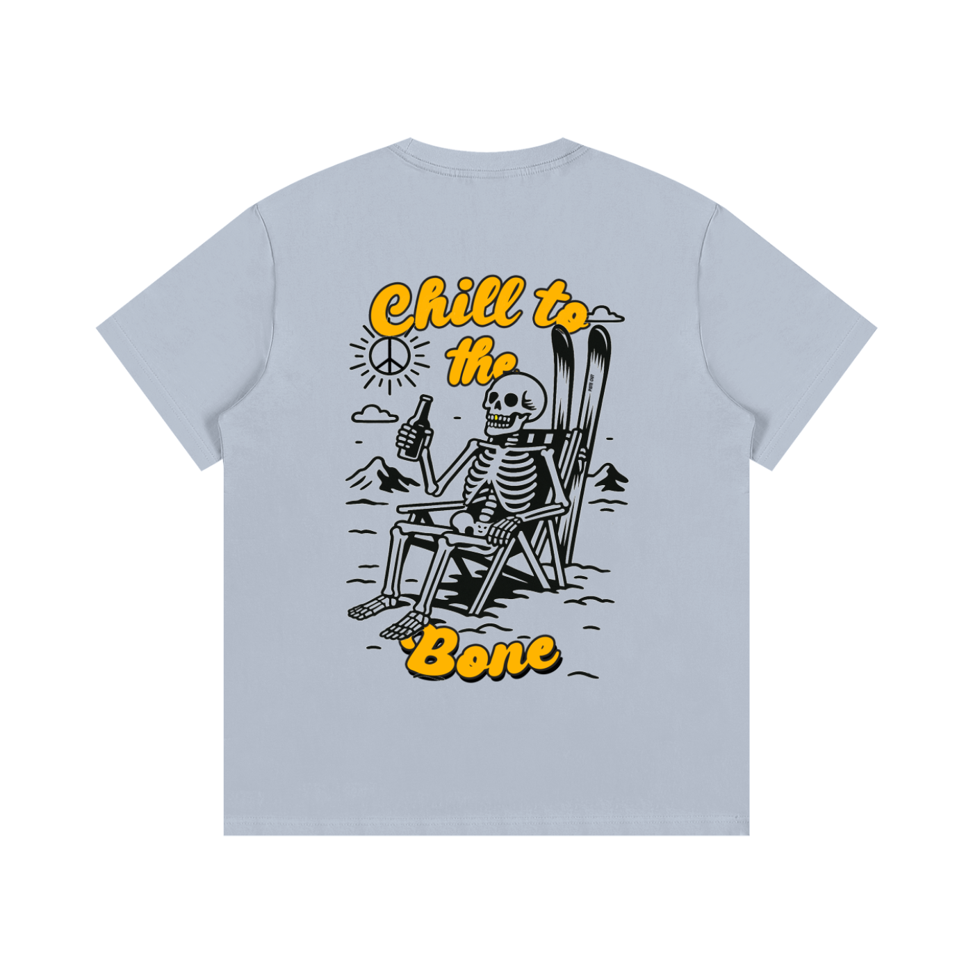 Back view of blue bird Chill to the Bone après ski tee with skeleton lounging graphic and bold orange lettering.
