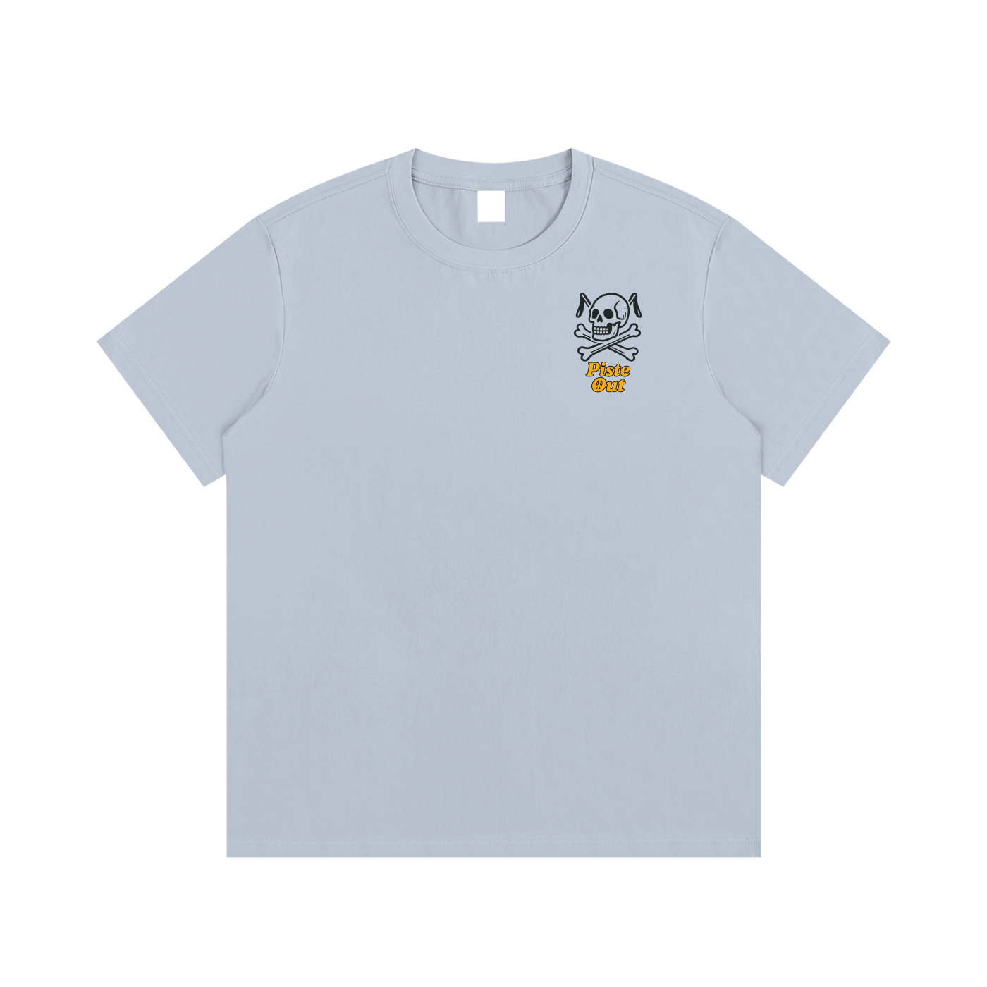 Front view of blue bird Chill to the Bone tee with skull and crossed ski poles logo and orange Piste Out text.