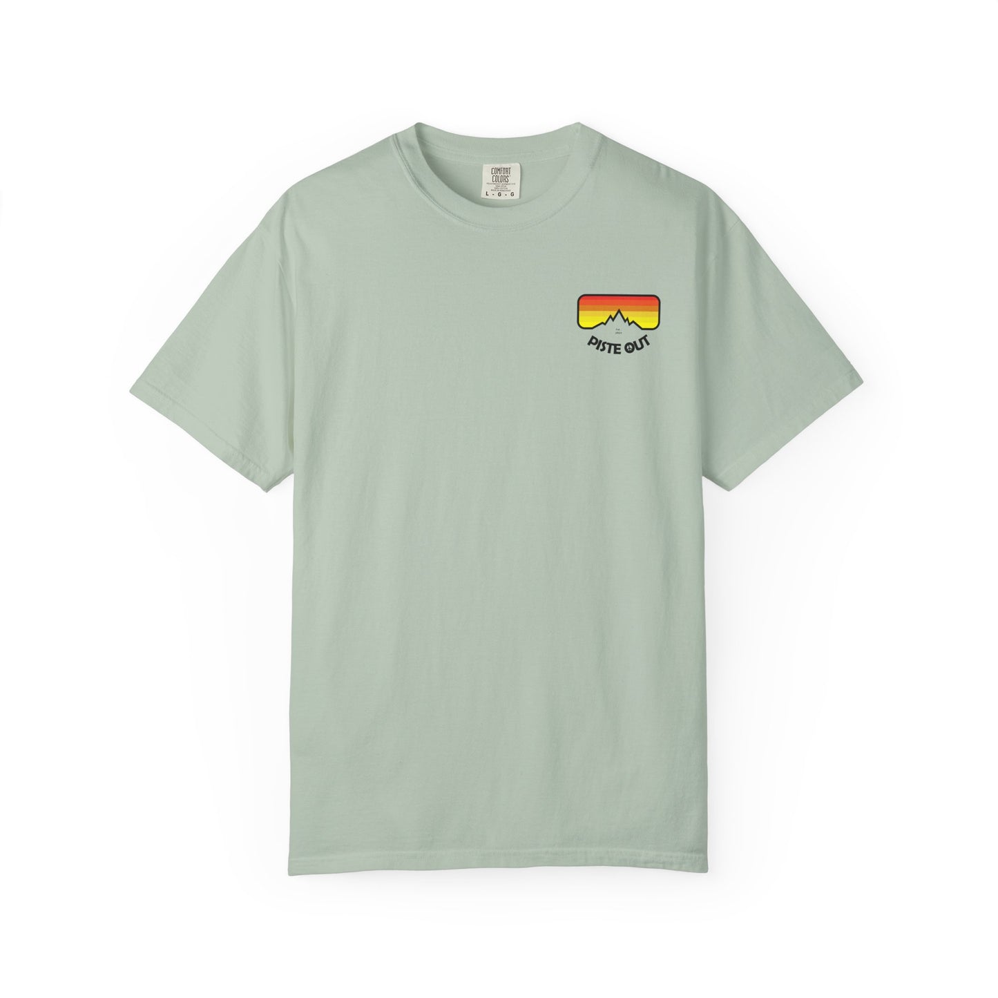 Front of sage green tee with small retro goggles logo on chest