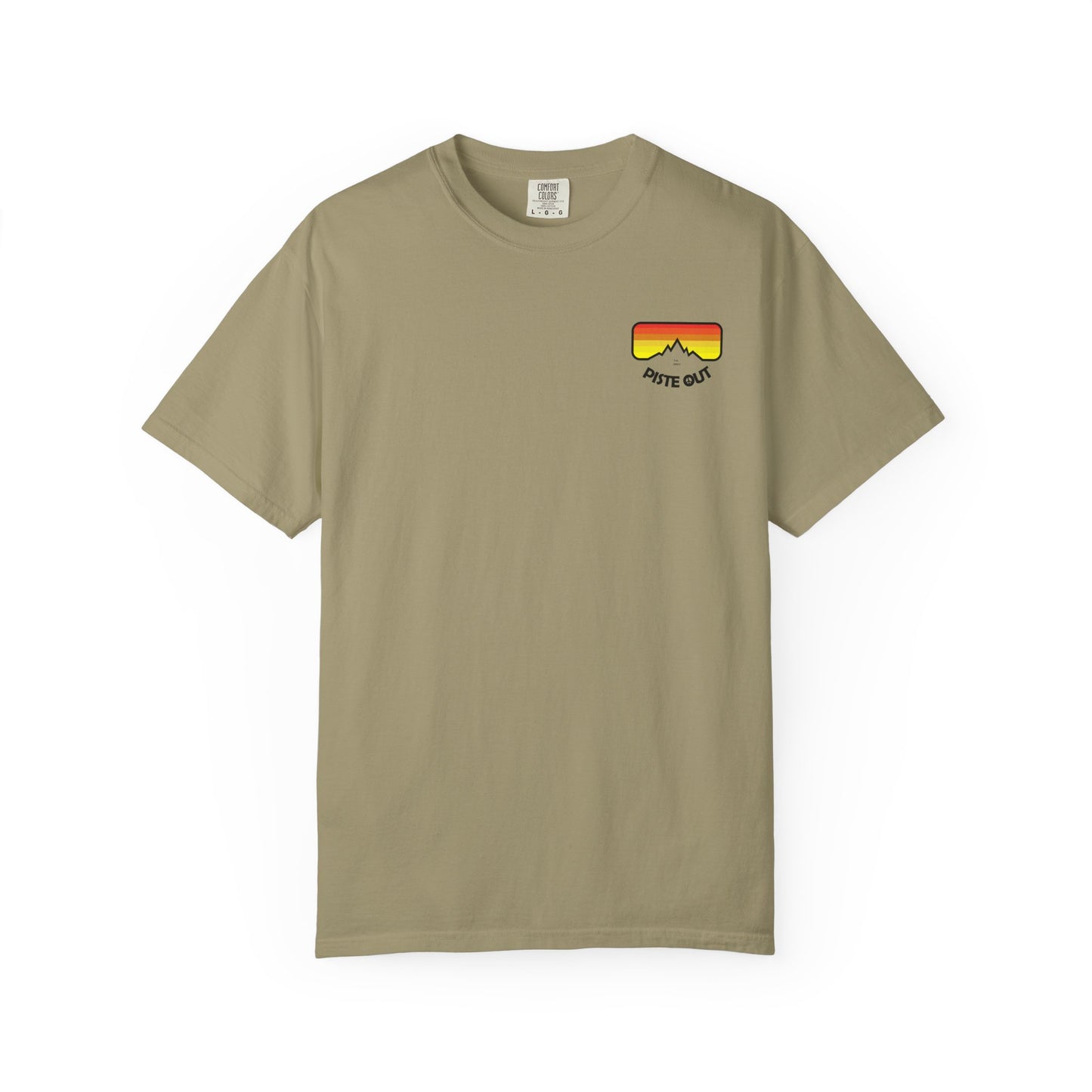 Front of khaki tee with small retro goggles logo on left chest