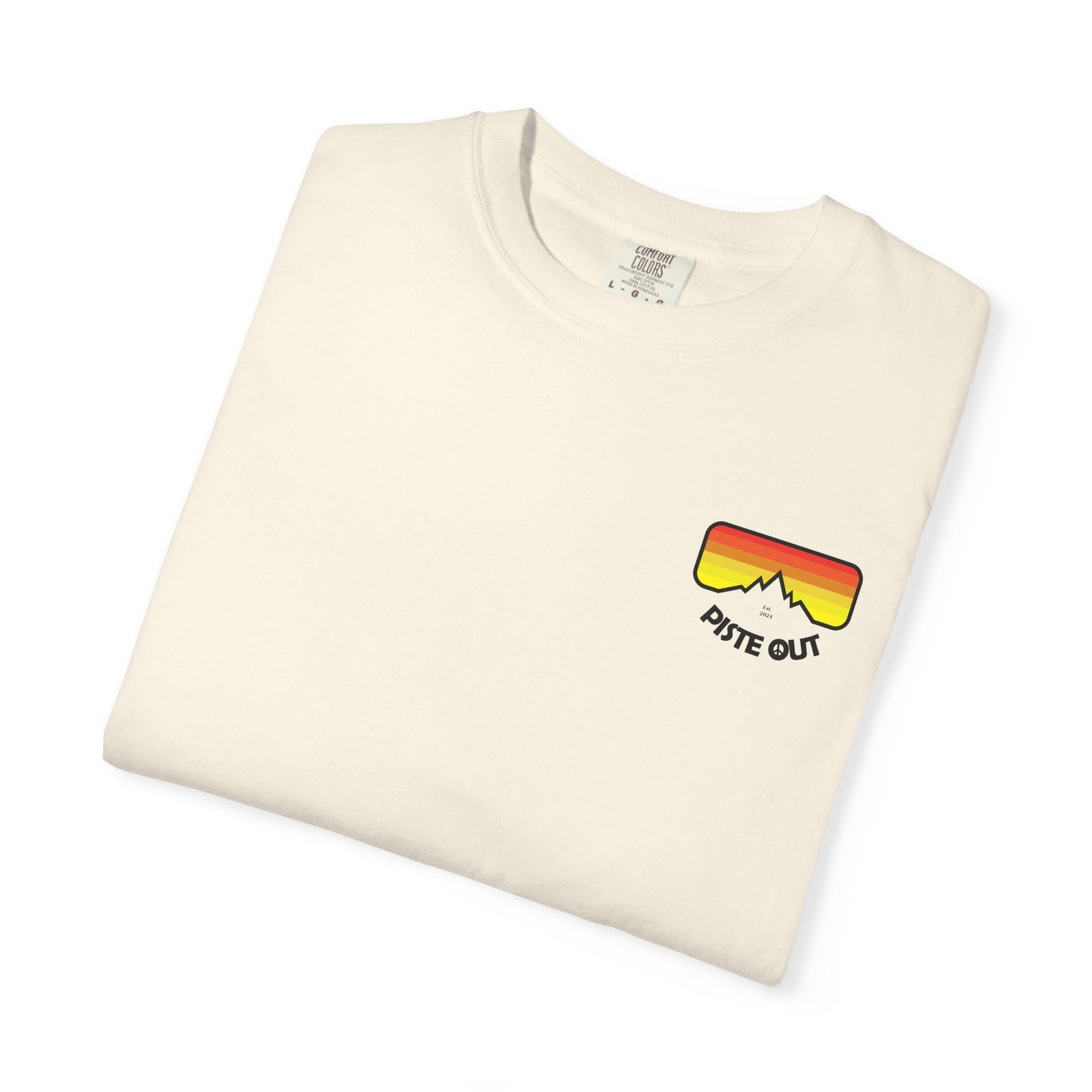 Ivory tee folded flat showing front chest logo of retro goggles