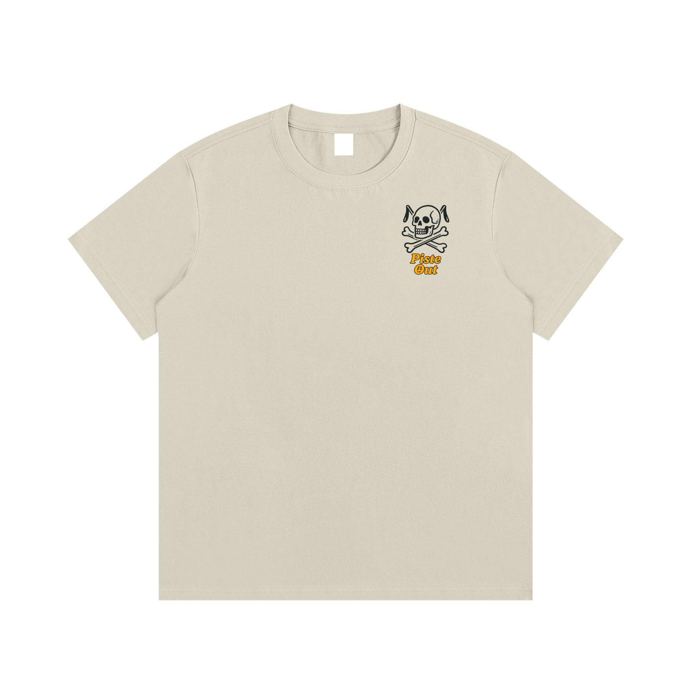 Front view of khaki Chill to the Bone tee with skull and ski pole emblem and orange Piste Out logo text.