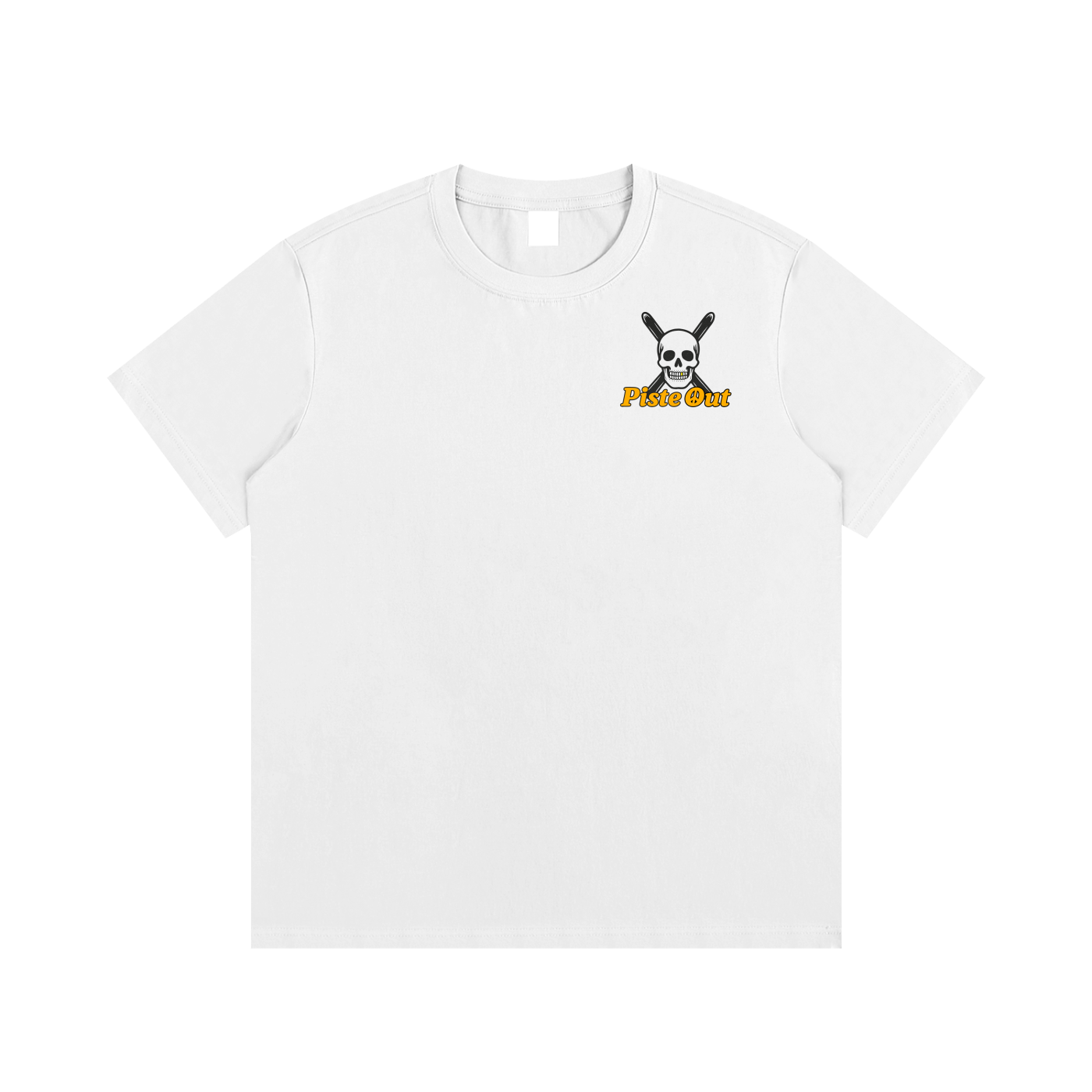Front view of Snow Chill to the Bone après ski tee with skull and crossed ski poles Piste Out logo