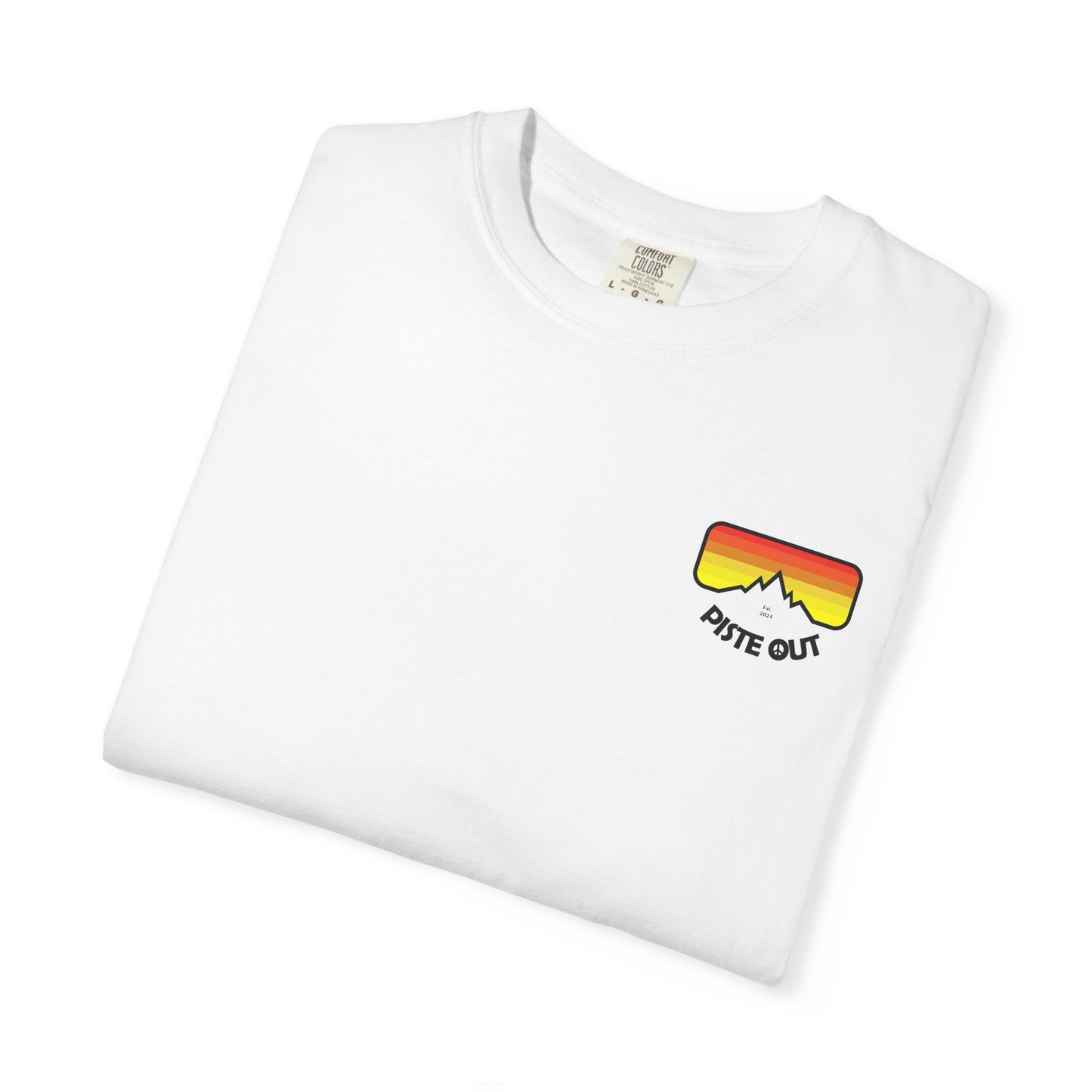 White tee folded flat showing front chest logo with retro goggles