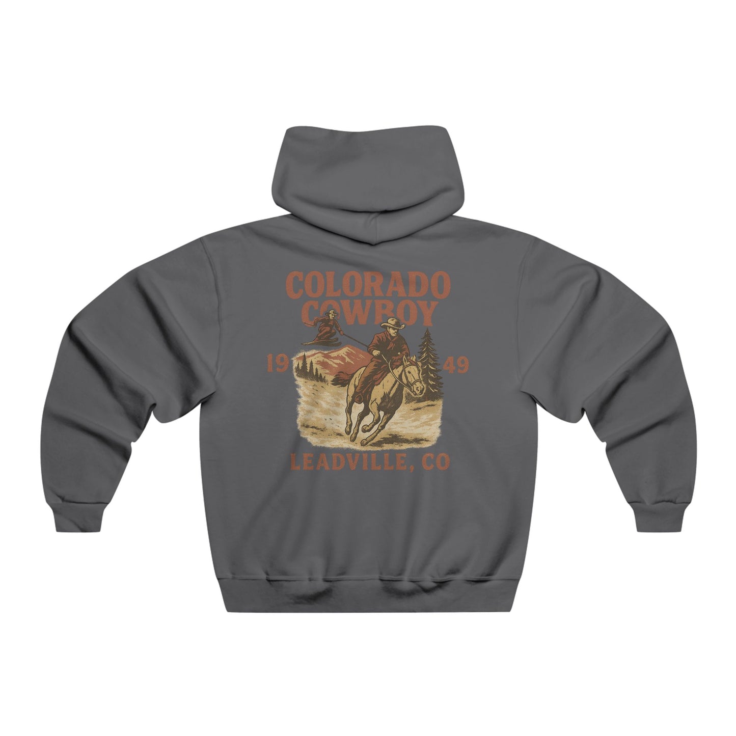 Back view of charcoal gray Colorado Cowboy hoodie with vintage skijoring rodeo graphic featuring Daffy Don skiing behind a cowboy on horseback.