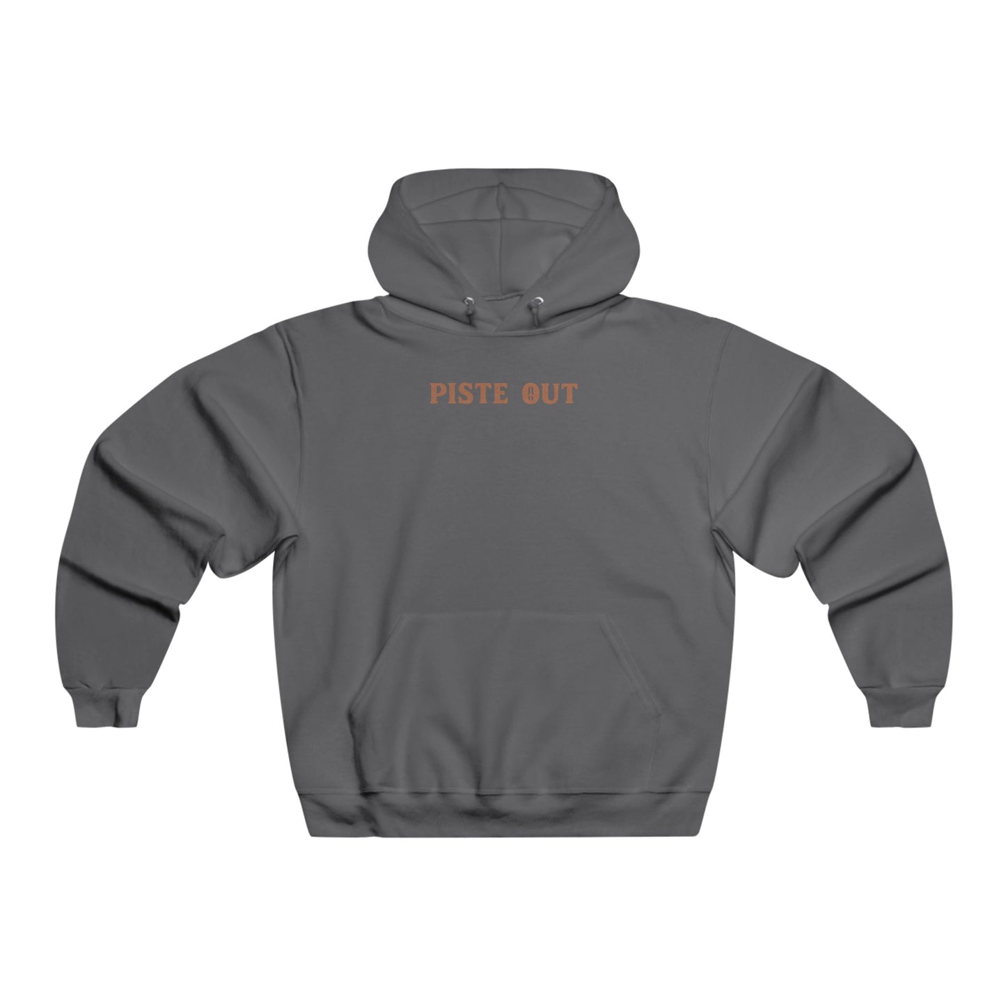 Front view of charcoal gray Colorado Cowboy hoodie with centered Piste Out text in distressed Western lettering.