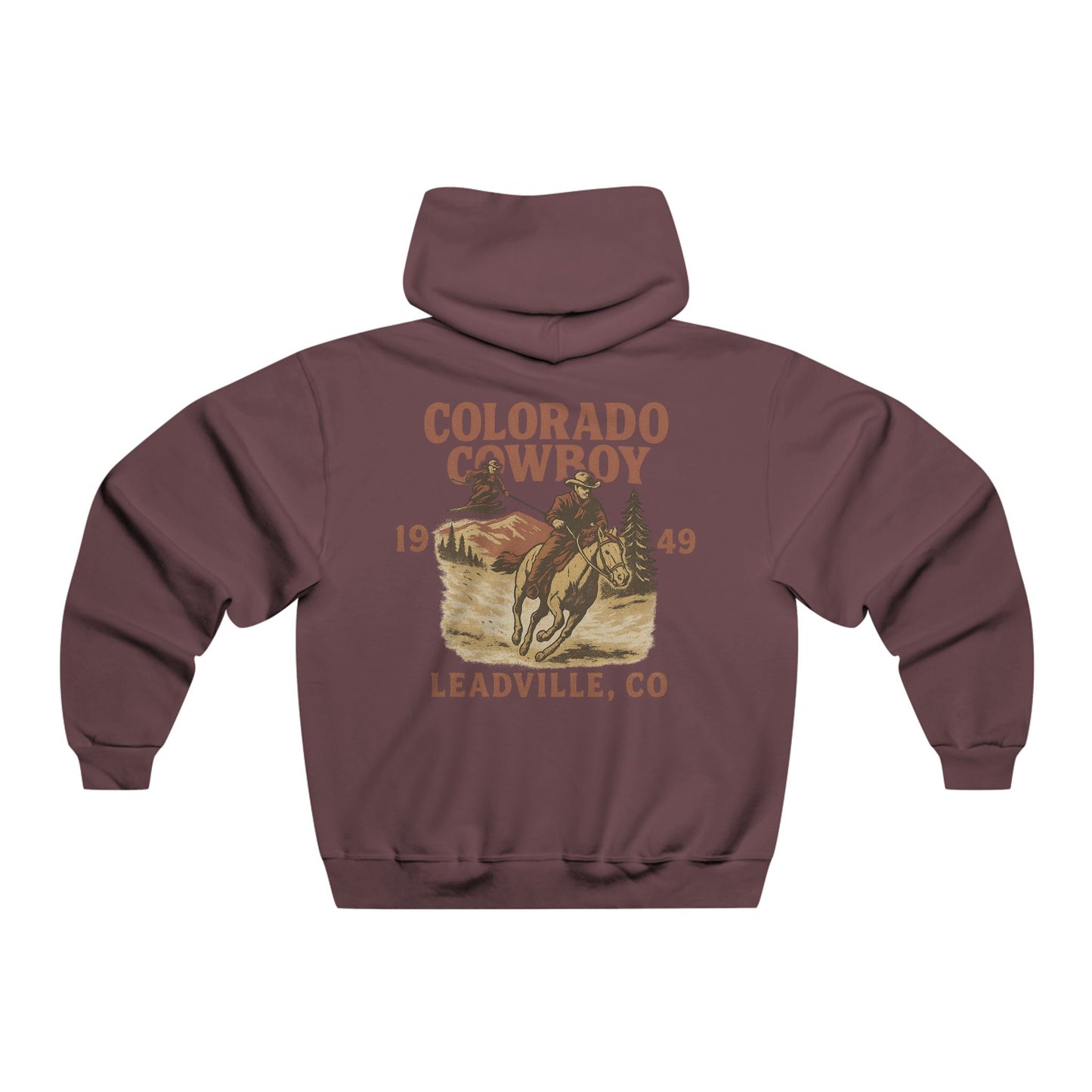 Back view of maroon Colorado Cowboy hoodie featuring distressed Western poster-style graphic of Daffy Don skijoring behind a cowboy on horseback.