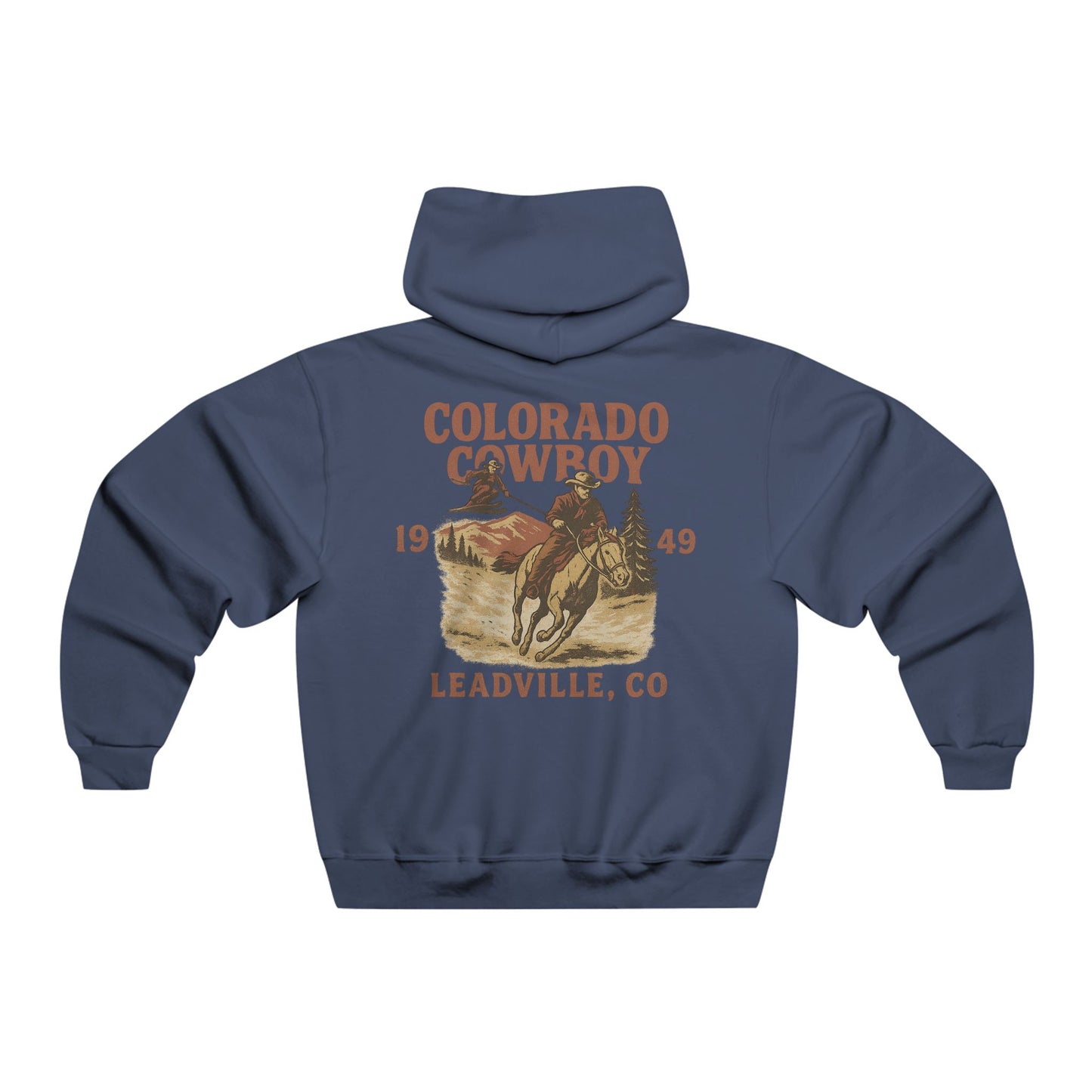 Back view of navy blue Colorado Cowboy hoodie with distressed Western skijoring design showing Daffy Don airborne behind a galloping horse.