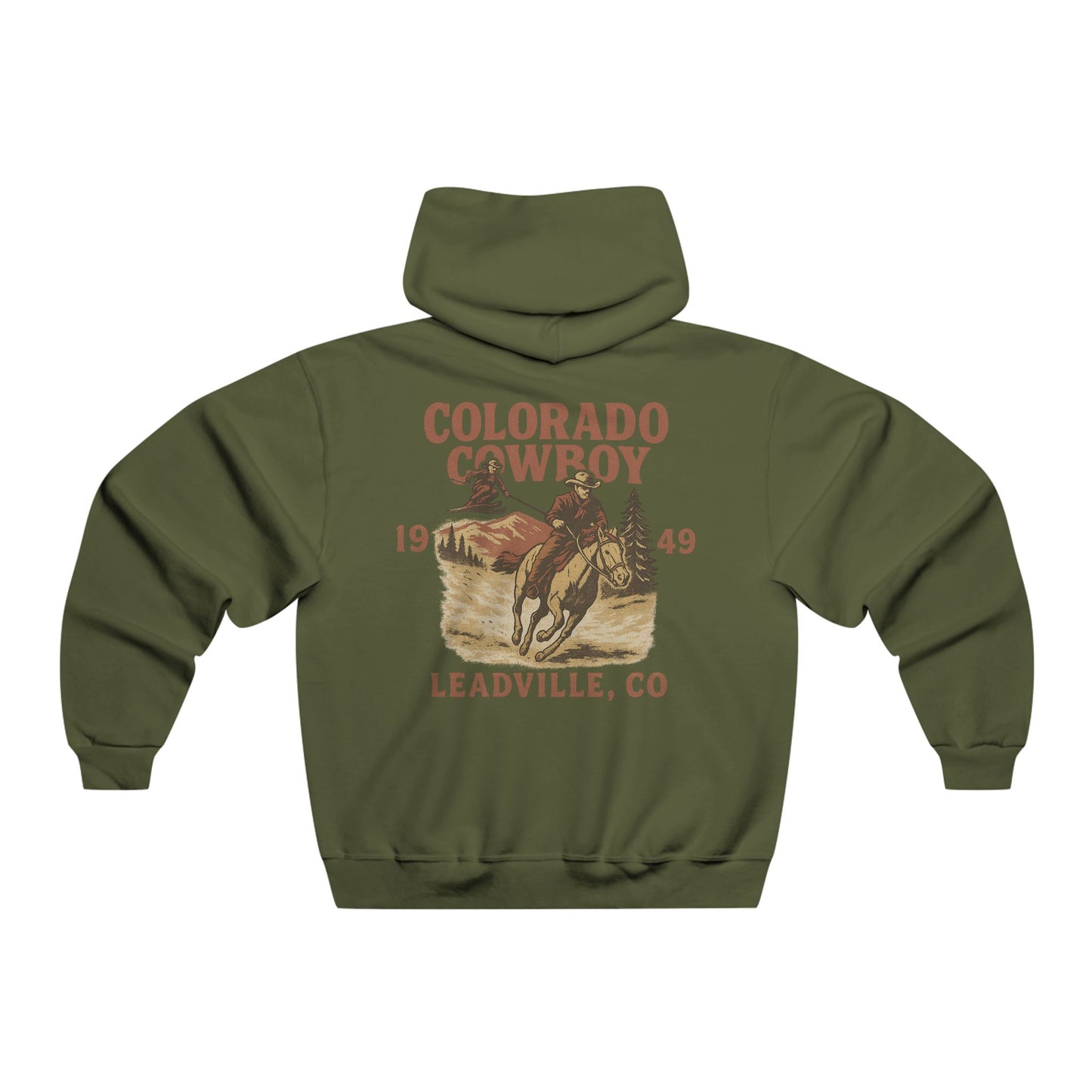 Back view of olive green Colorado Cowboy hoodie with vintage rodeo-inspired skijoring design of Daffy Don skiing behind a horse.