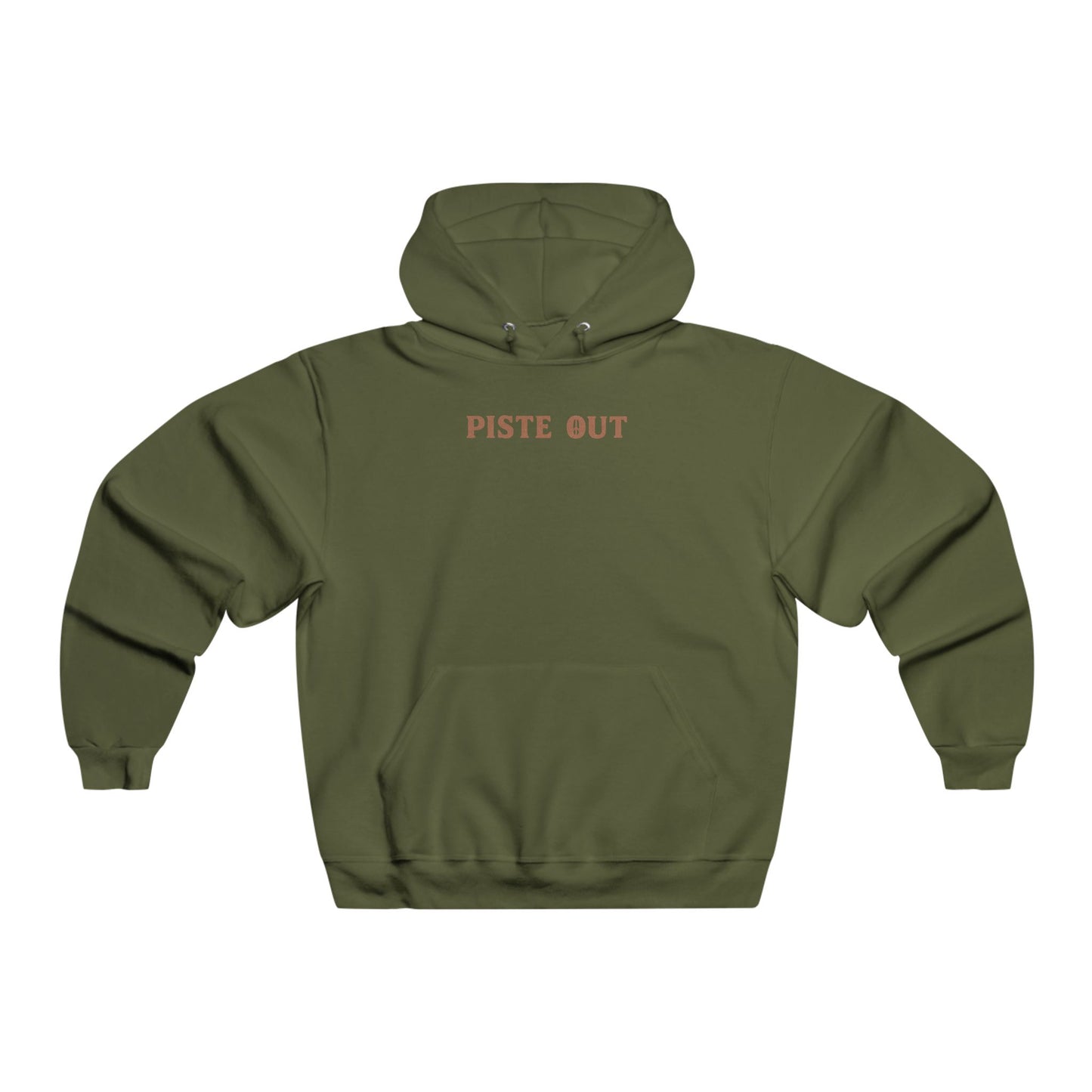 Front view of olive green Colorado Cowboy hoodie with Piste Out text across the chest in Western-style font.