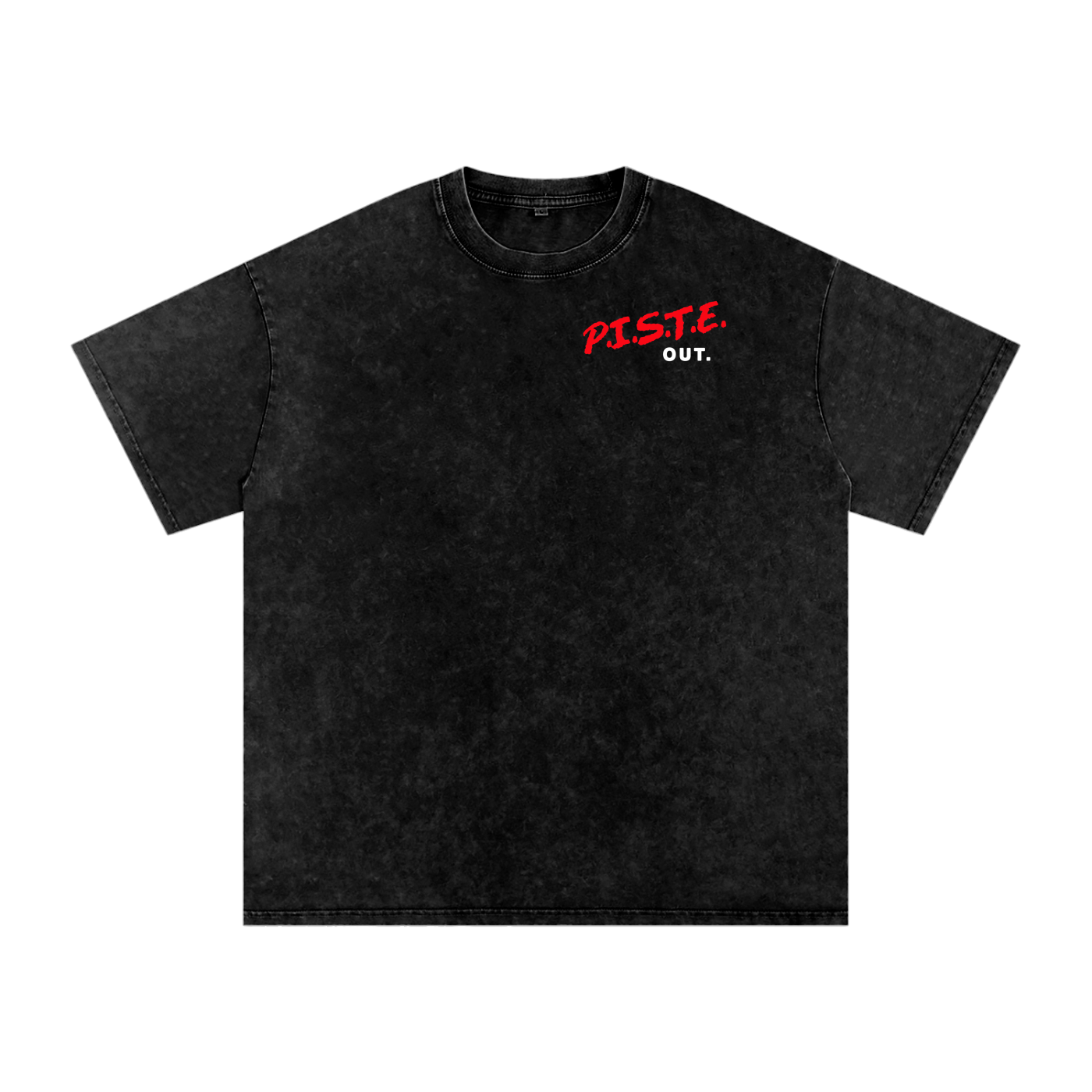 D.A.R.E. to Ski More Powder Oversized Boxy Tee in Black Diamond with P.I.S.T.E OUT chest graphic, front view