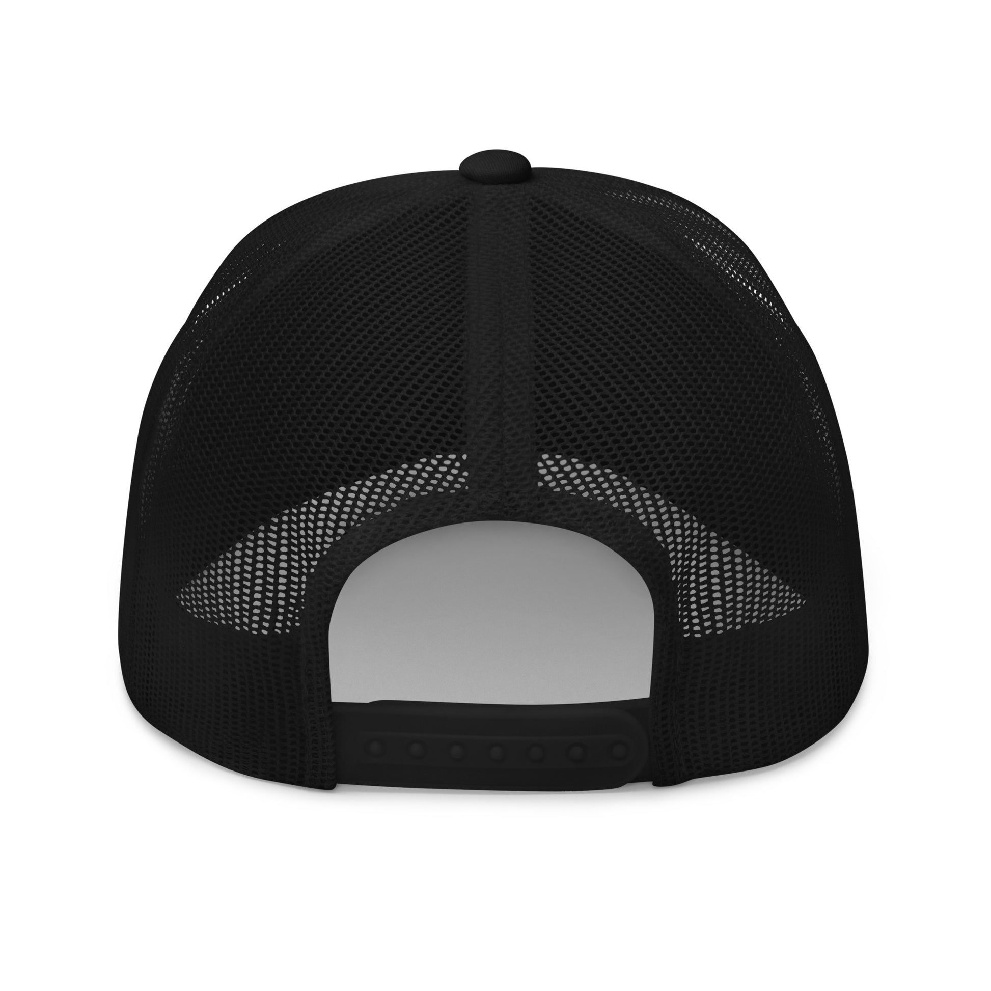 D.A.R.E. to Ski More Powder Trucker Hat in Black Diamond, back view showing mesh panel and snapback closure