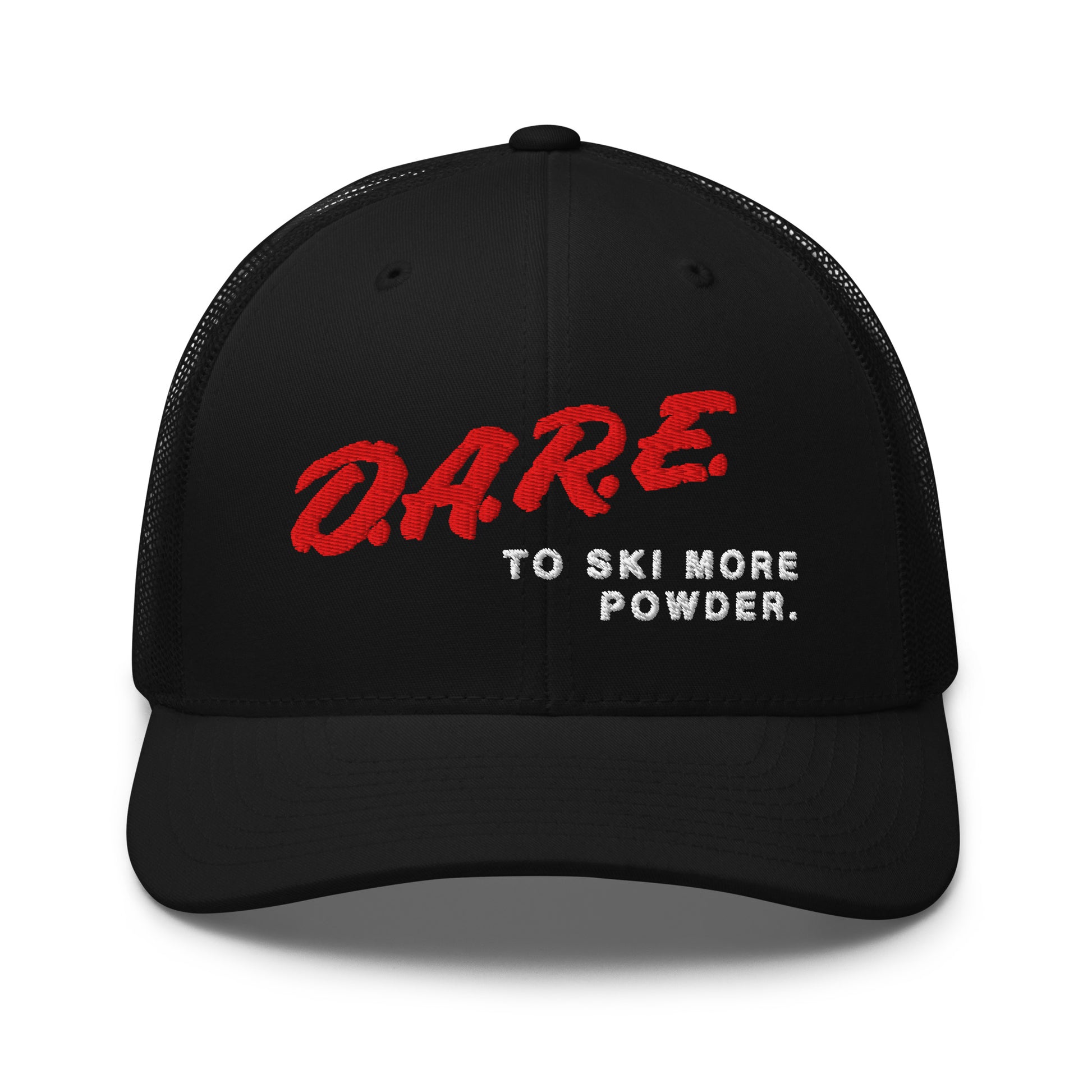 D.A.R.E. to Ski More Powder Trucker Hat in Black Diamond with red and white embroidery, front view