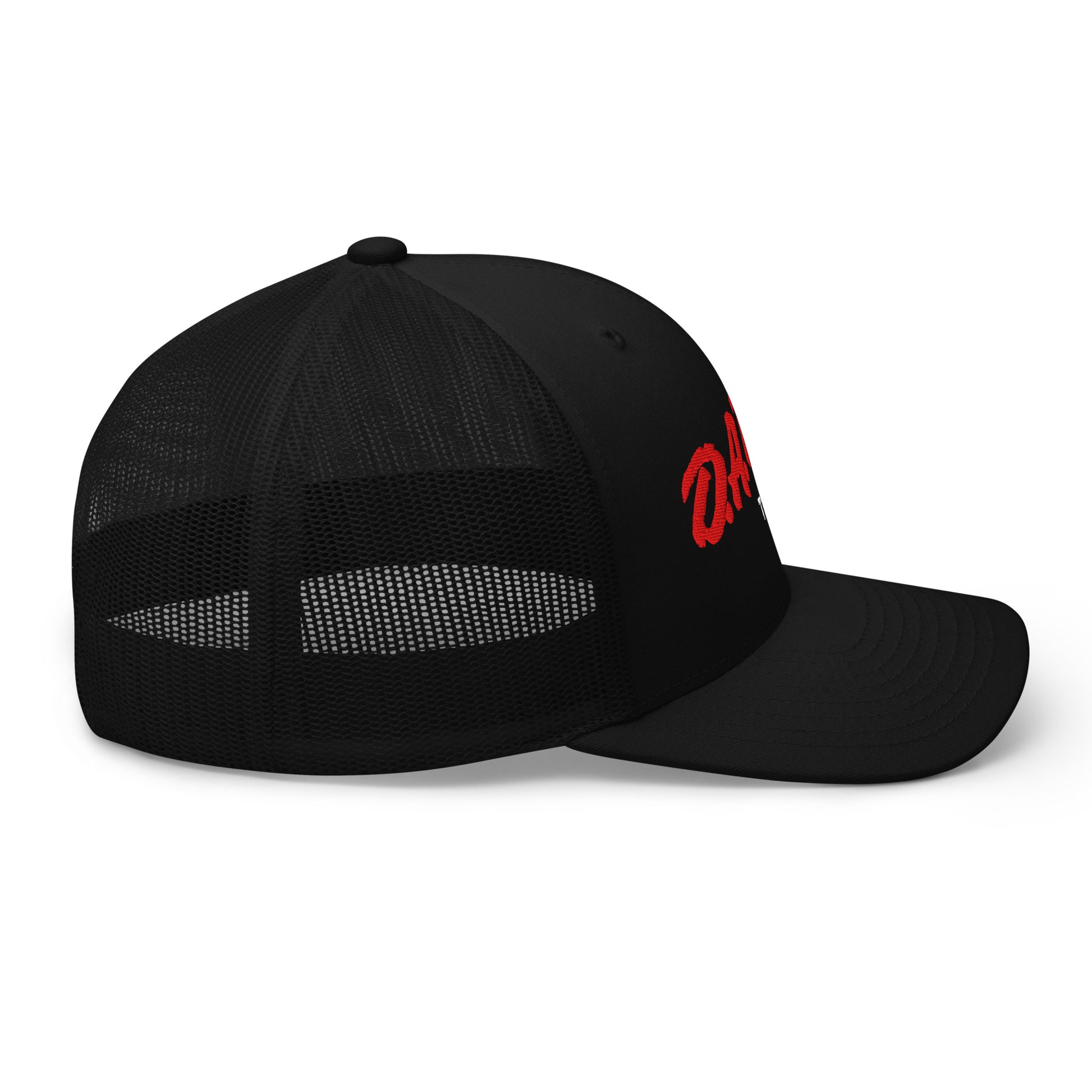 D.A.R.E. to Ski More Powder Trucker Hat in Black Diamond with red and white embroidery, side view