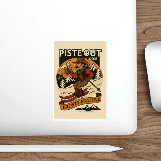 Frosty Fugitive sticker on a white laptop next on a wooden desk