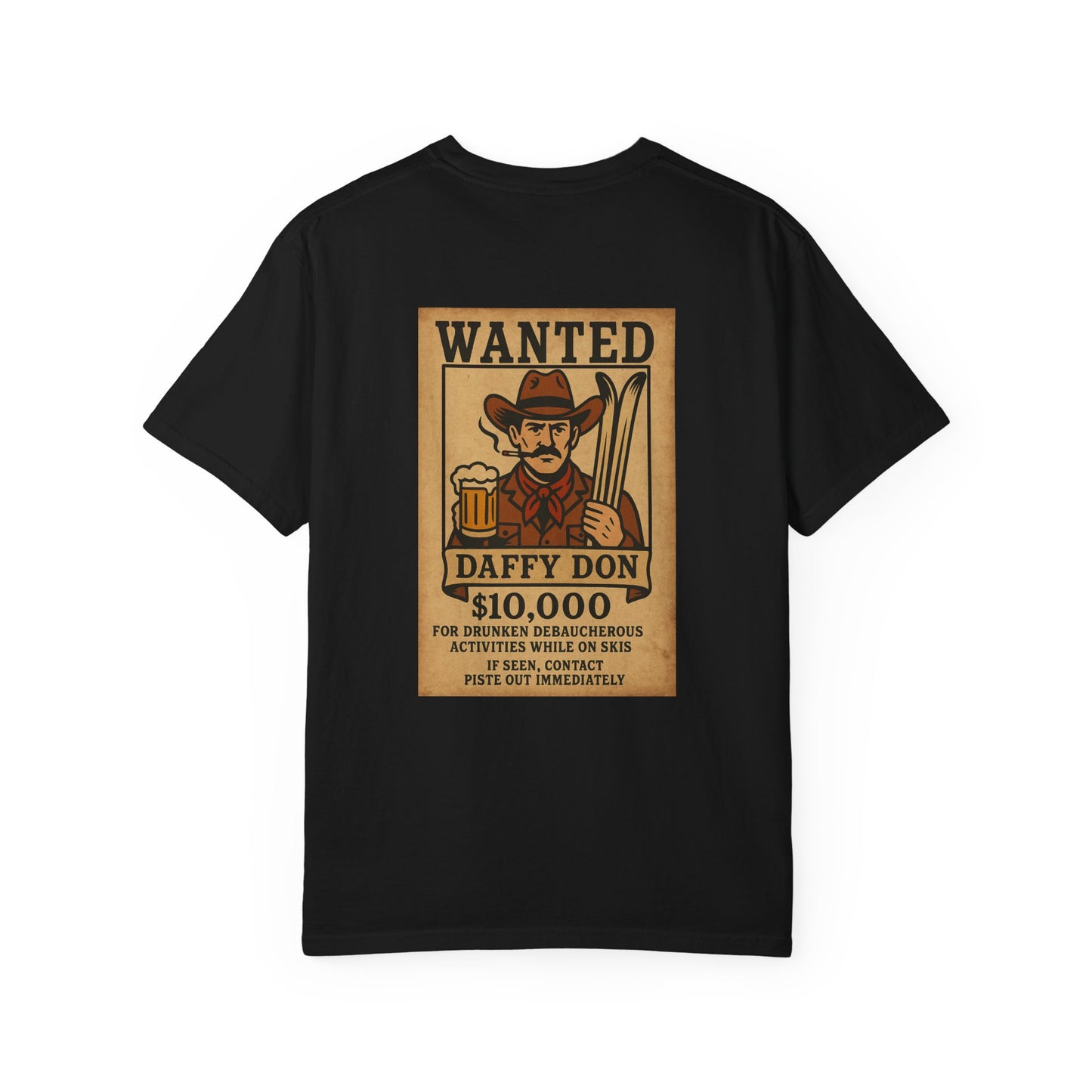 Back of black tee featuring retro “WANTED” poster of a cowboy holding a beer and skis