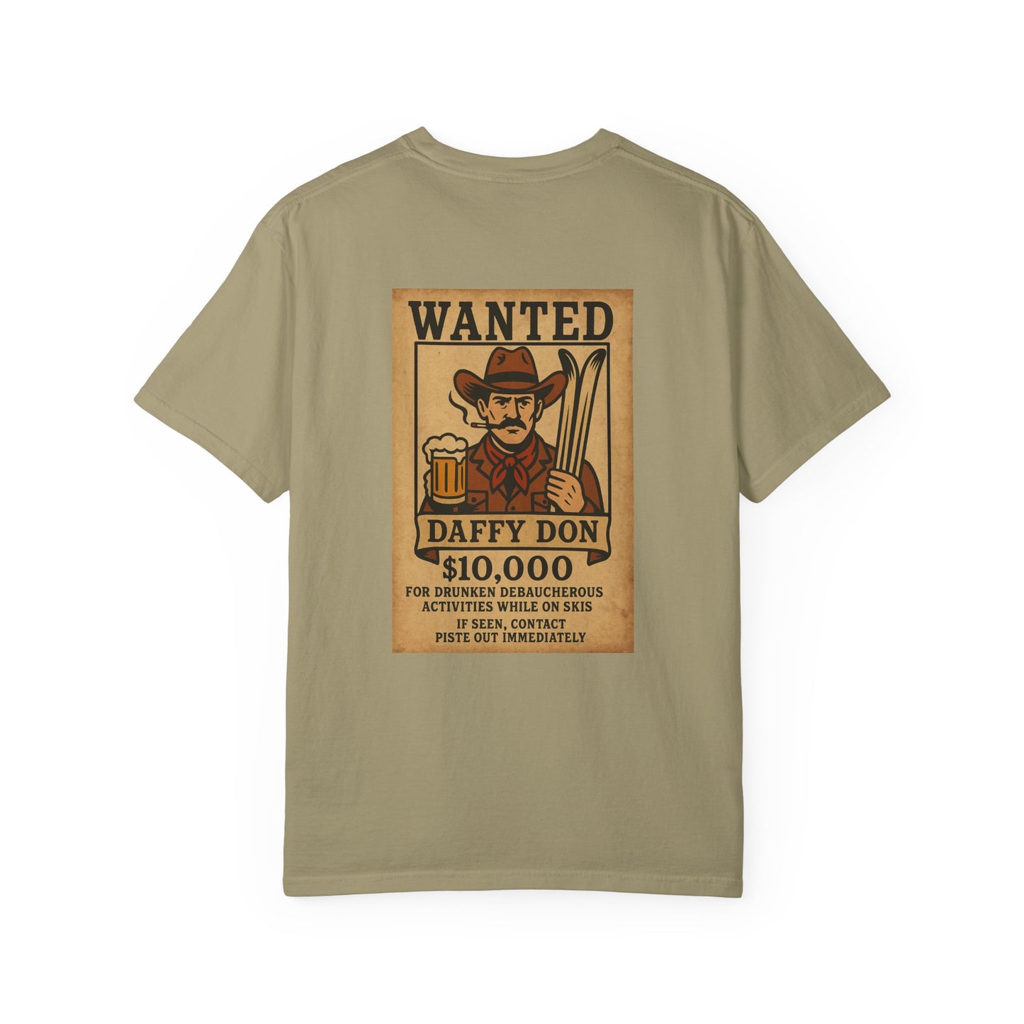 Back of khaki tee featuring retro “WANTED” poster of a cowboy holding a beer and skis