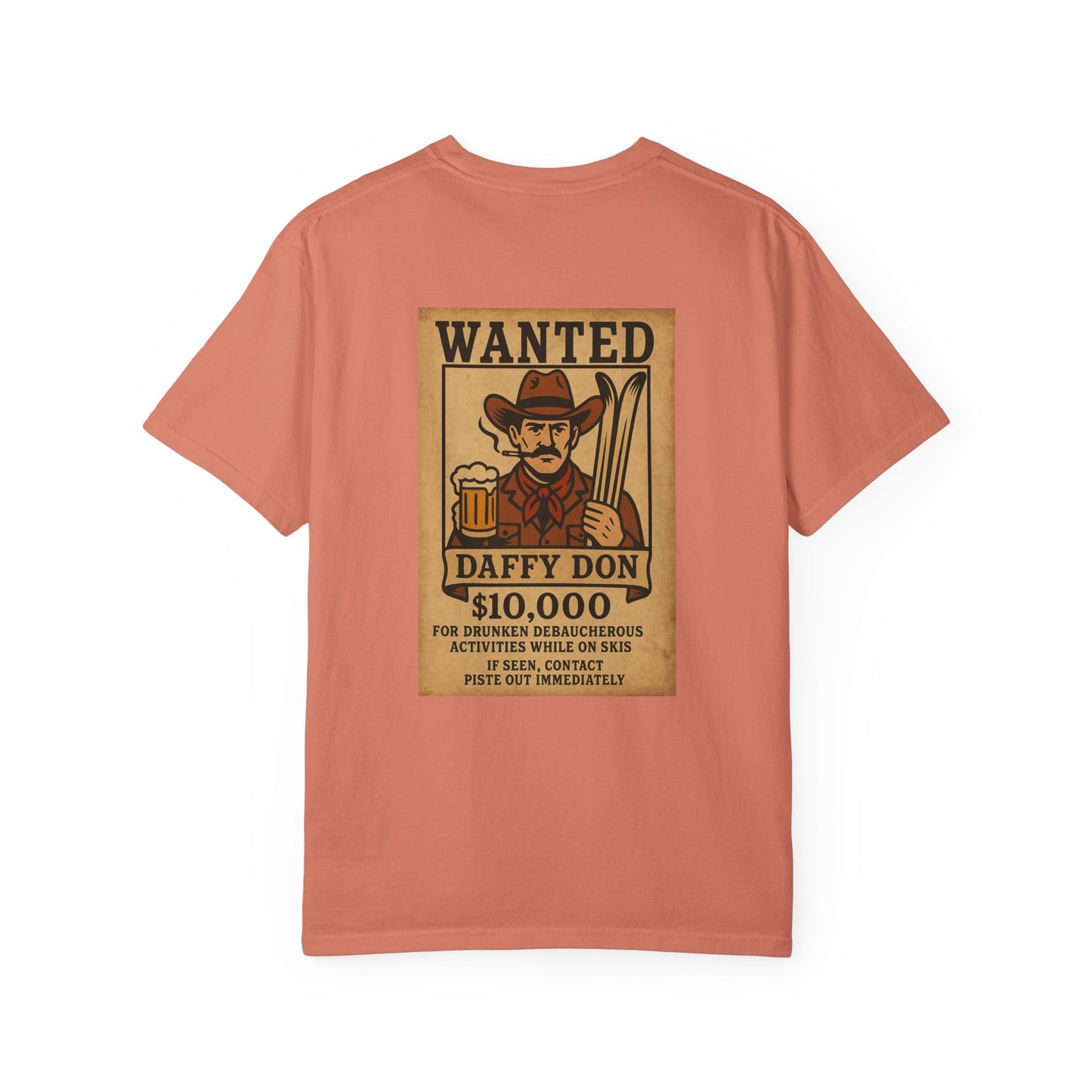 Back of faded red tee featuring retro “WANTED” poster of a cowboy holding a beer and skis