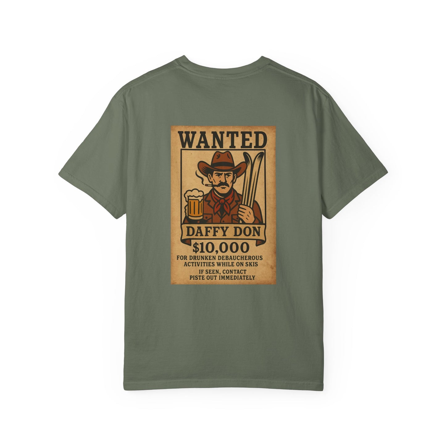 Back of green tee featuring retro “WANTED” poster of a cowboy holding a beer and skis