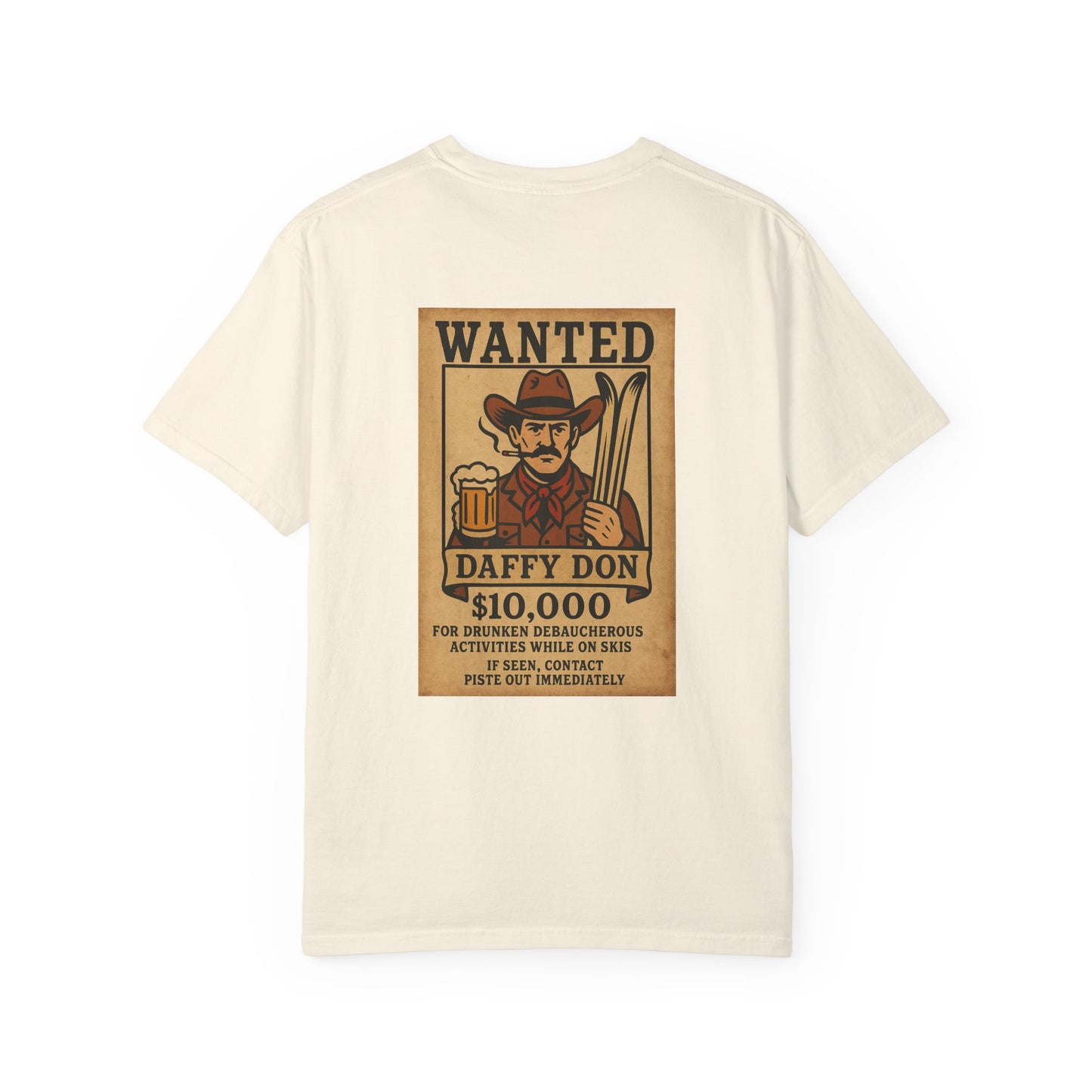 Back of cream tee featuring retro “WANTED” poster of a cowboy holding a beer and skis