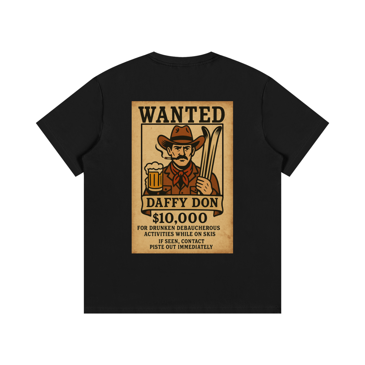 Back view of Frosty Fugitive tee in Black Diamond featuring vintage wanted poster of Daffy Don with skis and beer mug.